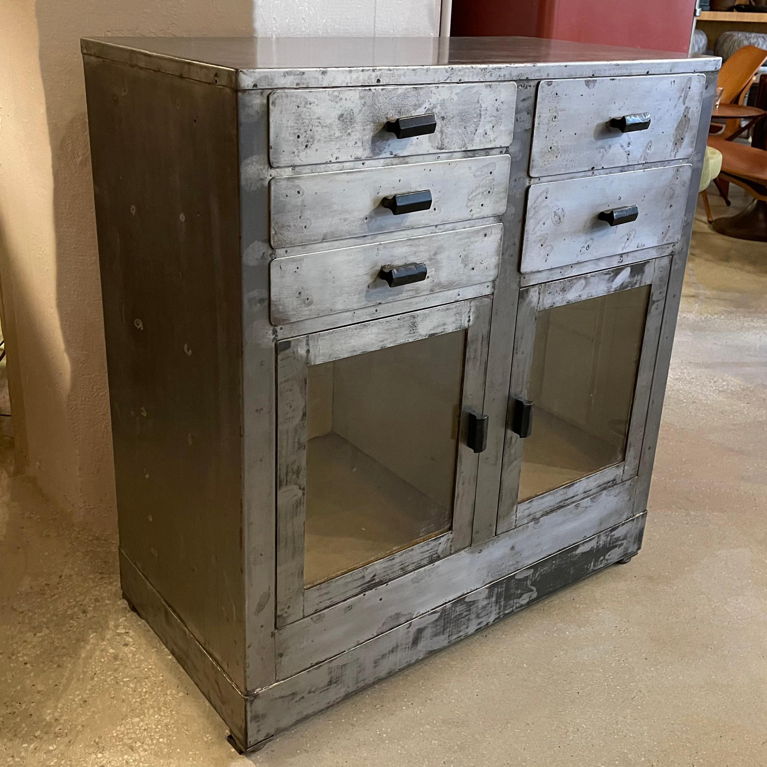 American Brushed Steel Industrial Nurse Station Apothecary Cabinet