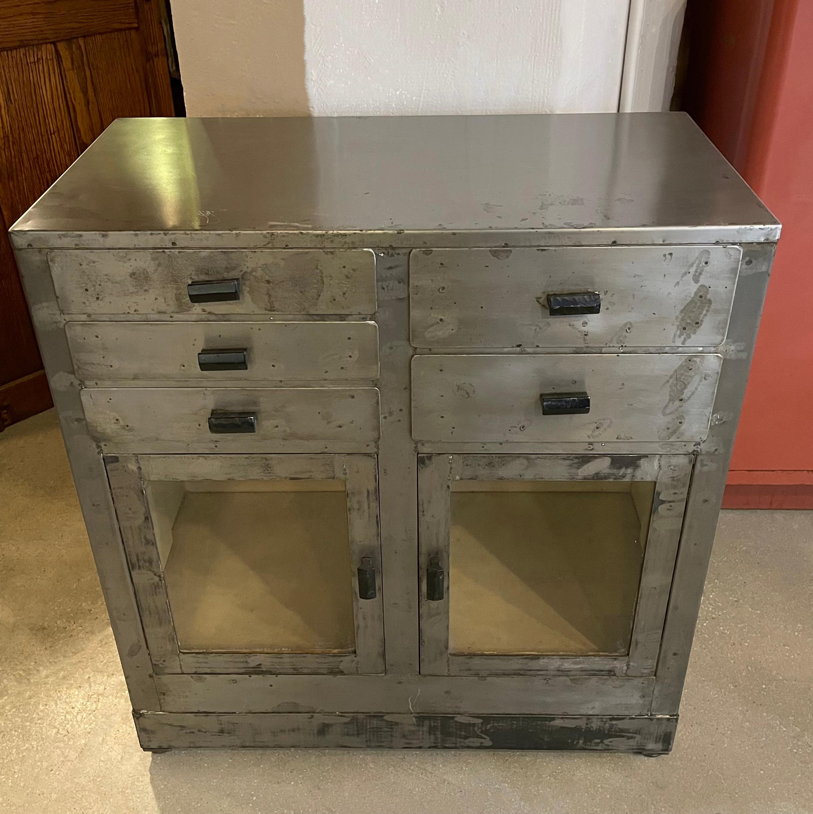 Brushed Steel Industrial Nurse Station Apothecary Cabinet In Good Condition For Sale In Brooklyn, NY