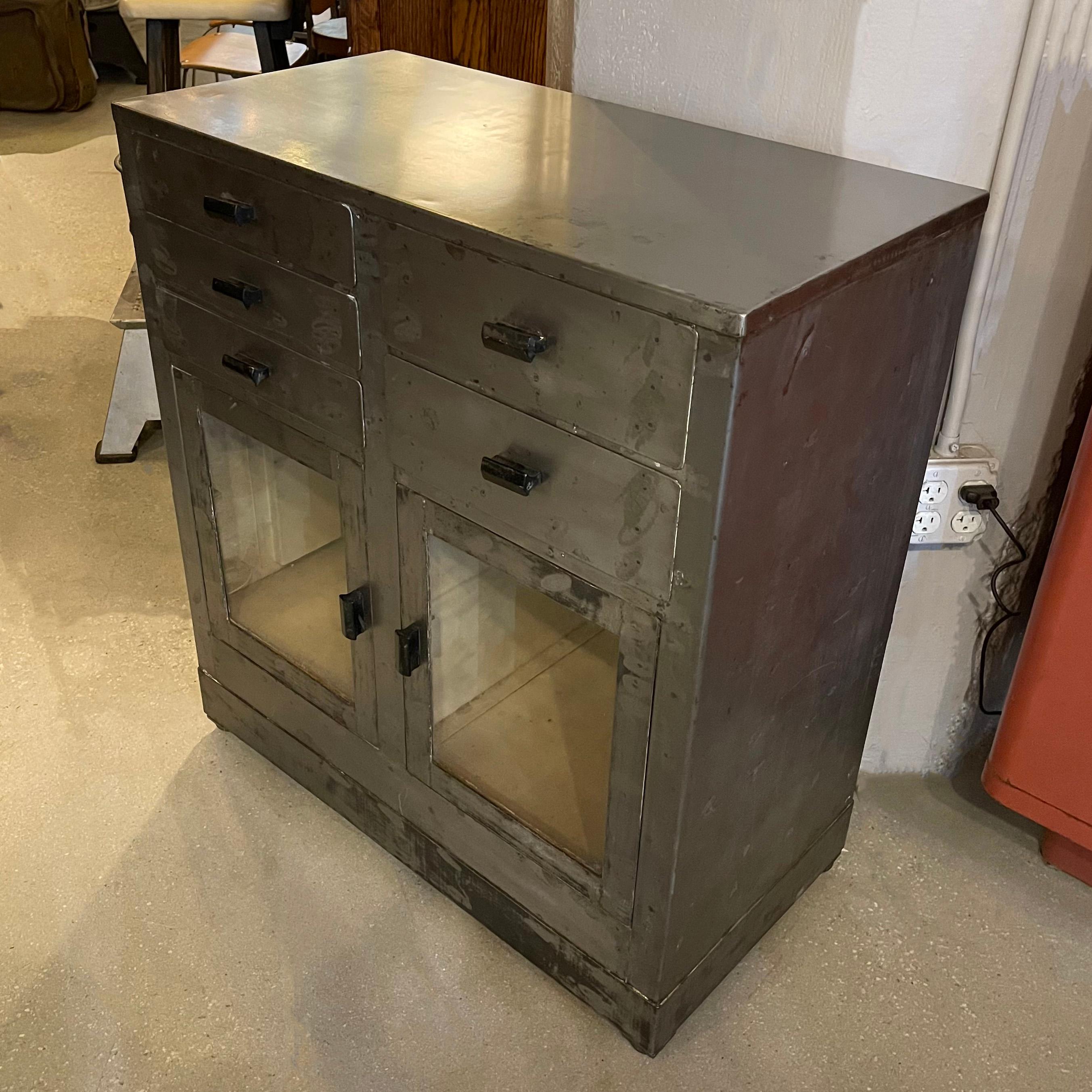 20th Century Brushed Steel Industrial Nurse Station Apothecary Cabinet For Sale