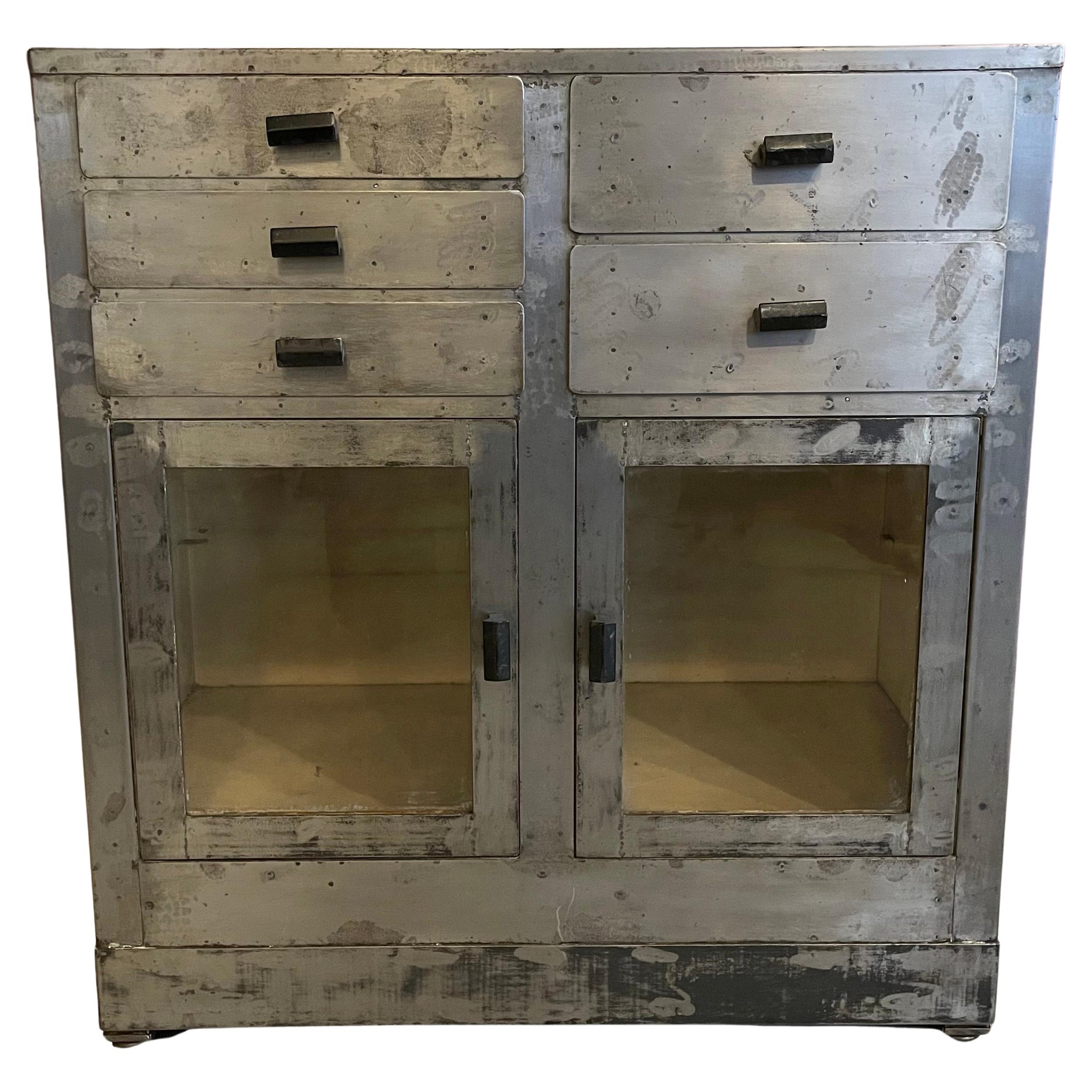 Brushed Steel Industrial Nurse Station Apothecary Cabinet For Sale