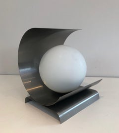 Brushed Steel & Opaline Table Lamp. French Work in the Style of François Monnet
