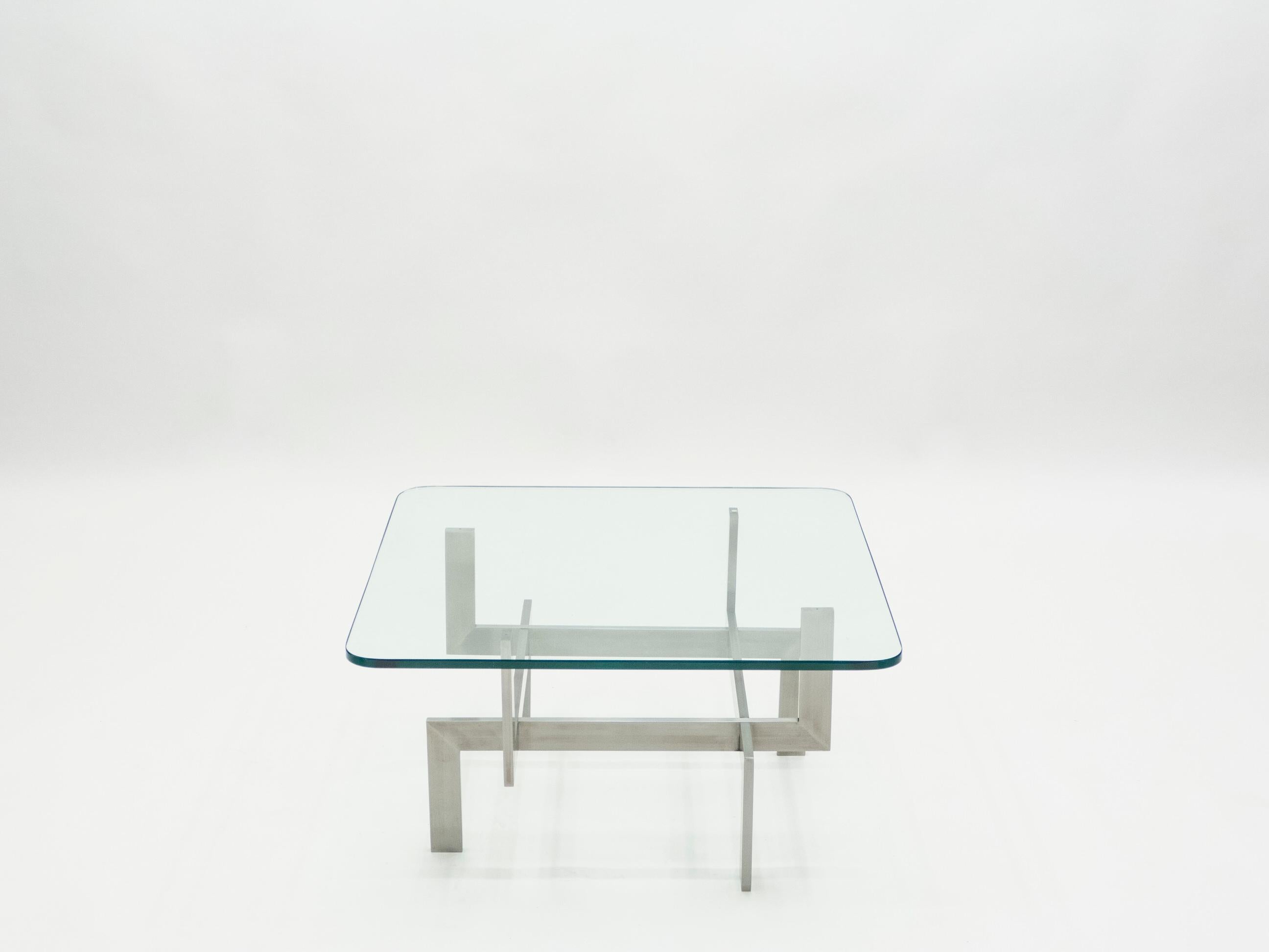 Brushed Steel Paul Legeard Square Coffee Table, 1970s 3