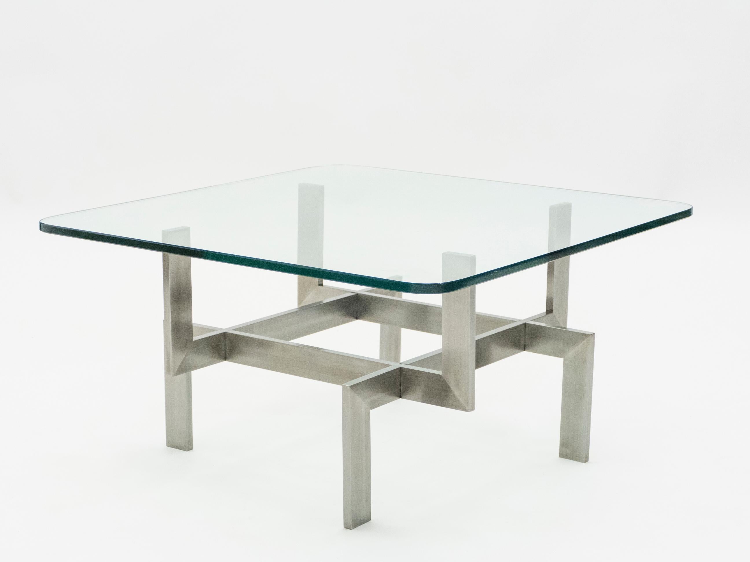 Mid-Century Modern Brushed Steel Paul Legeard Square Coffee Table, 1970s