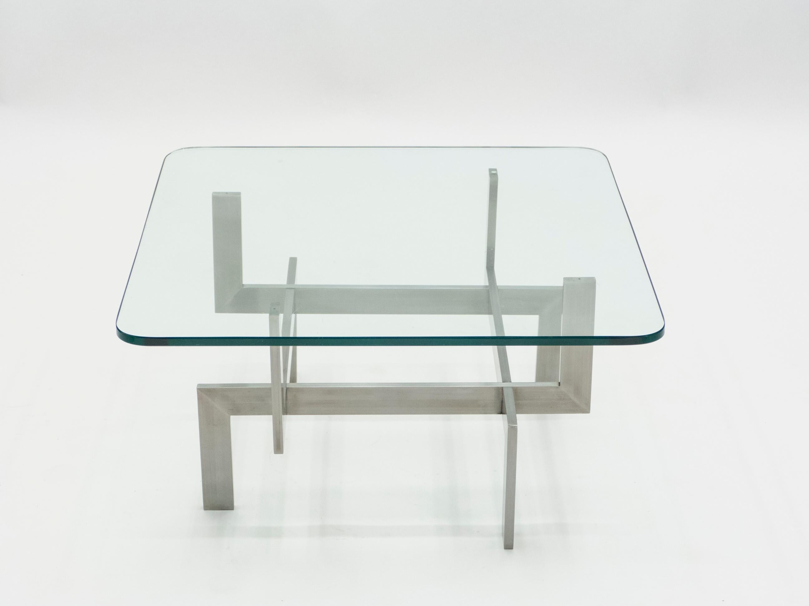 French Brushed Steel Paul Legeard Square Coffee Table, 1970s