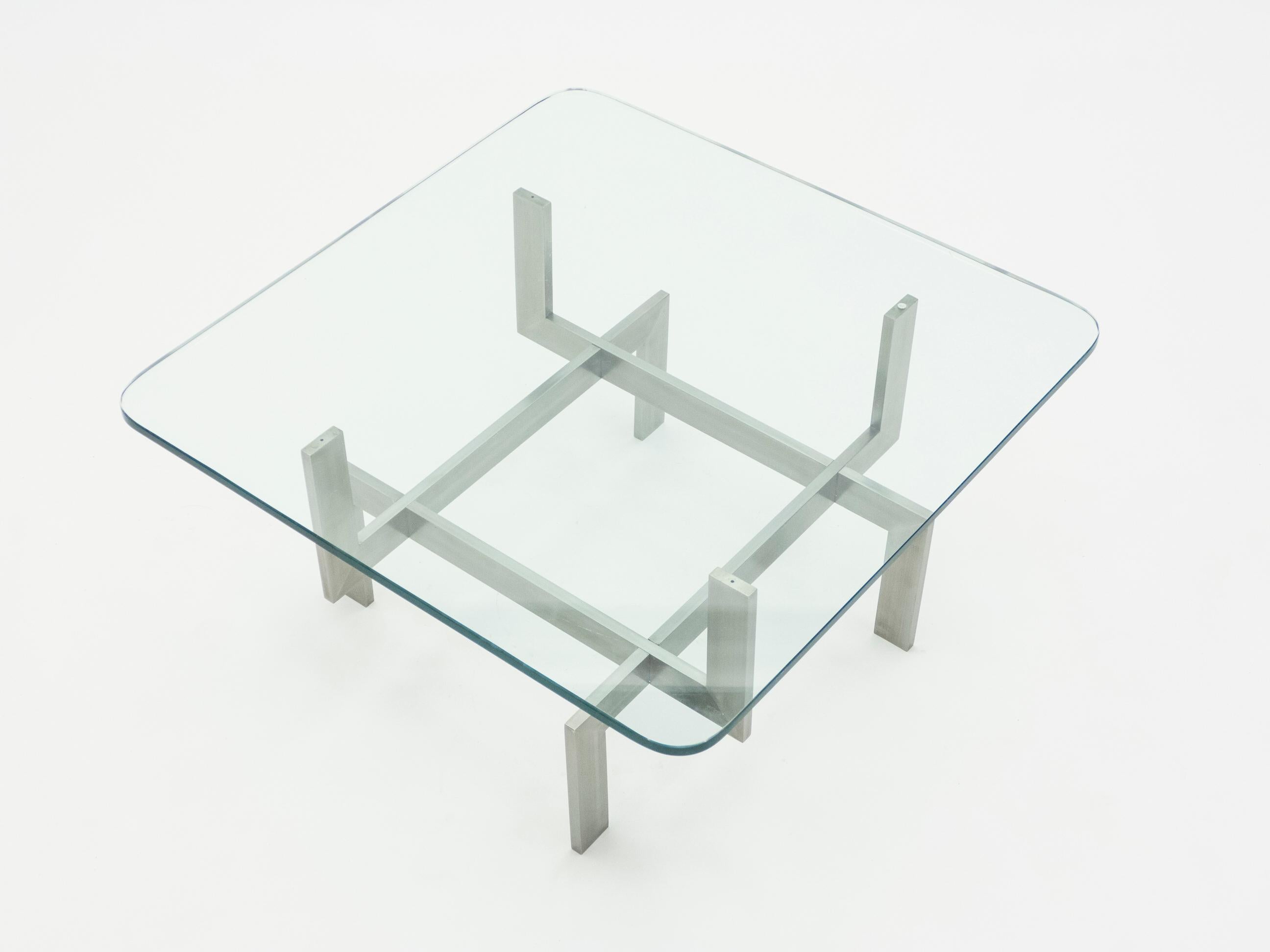 Late 20th Century Brushed Steel Paul Legeard Square Coffee Table, 1970s