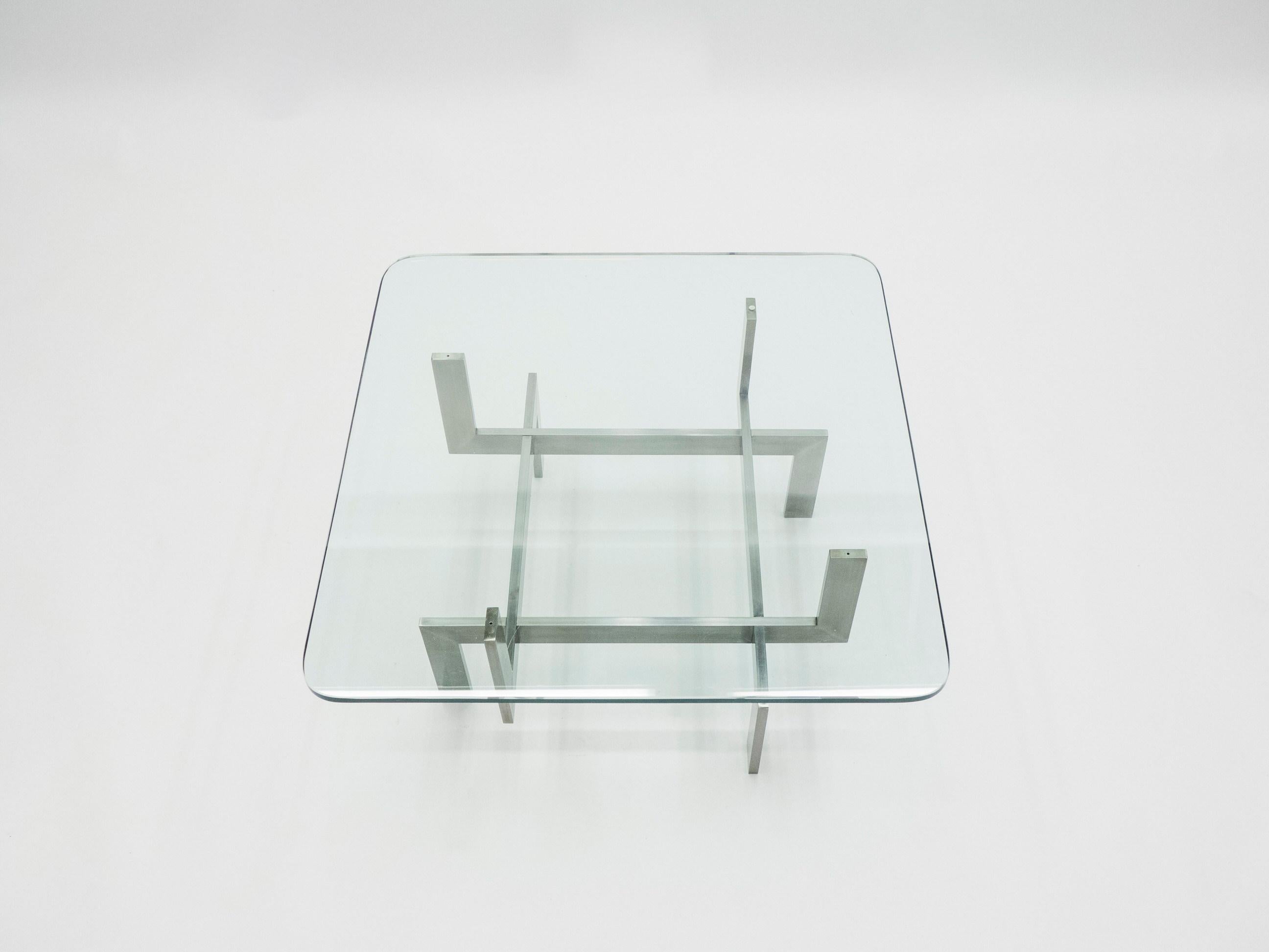 Glass Brushed Steel Paul Legeard Square Coffee Table, 1970s
