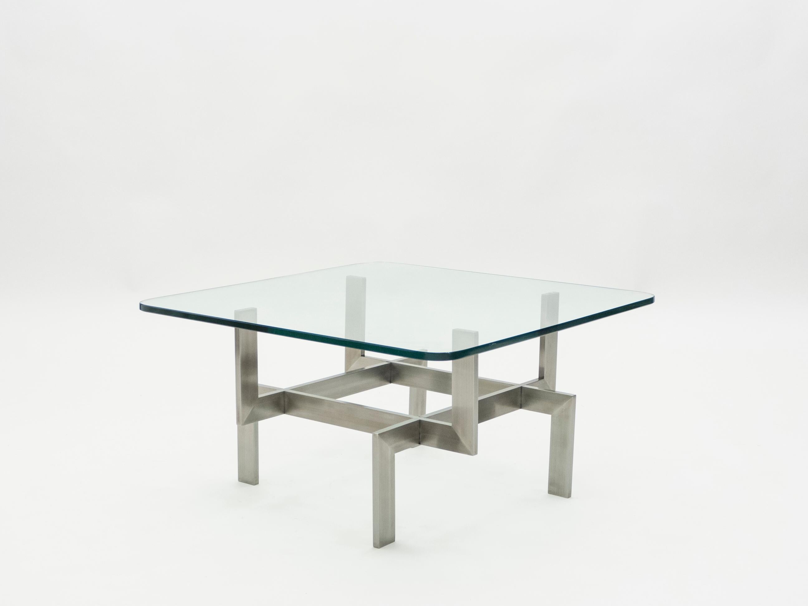 Brushed Steel Paul Legeard Square Coffee Table, 1970s 2