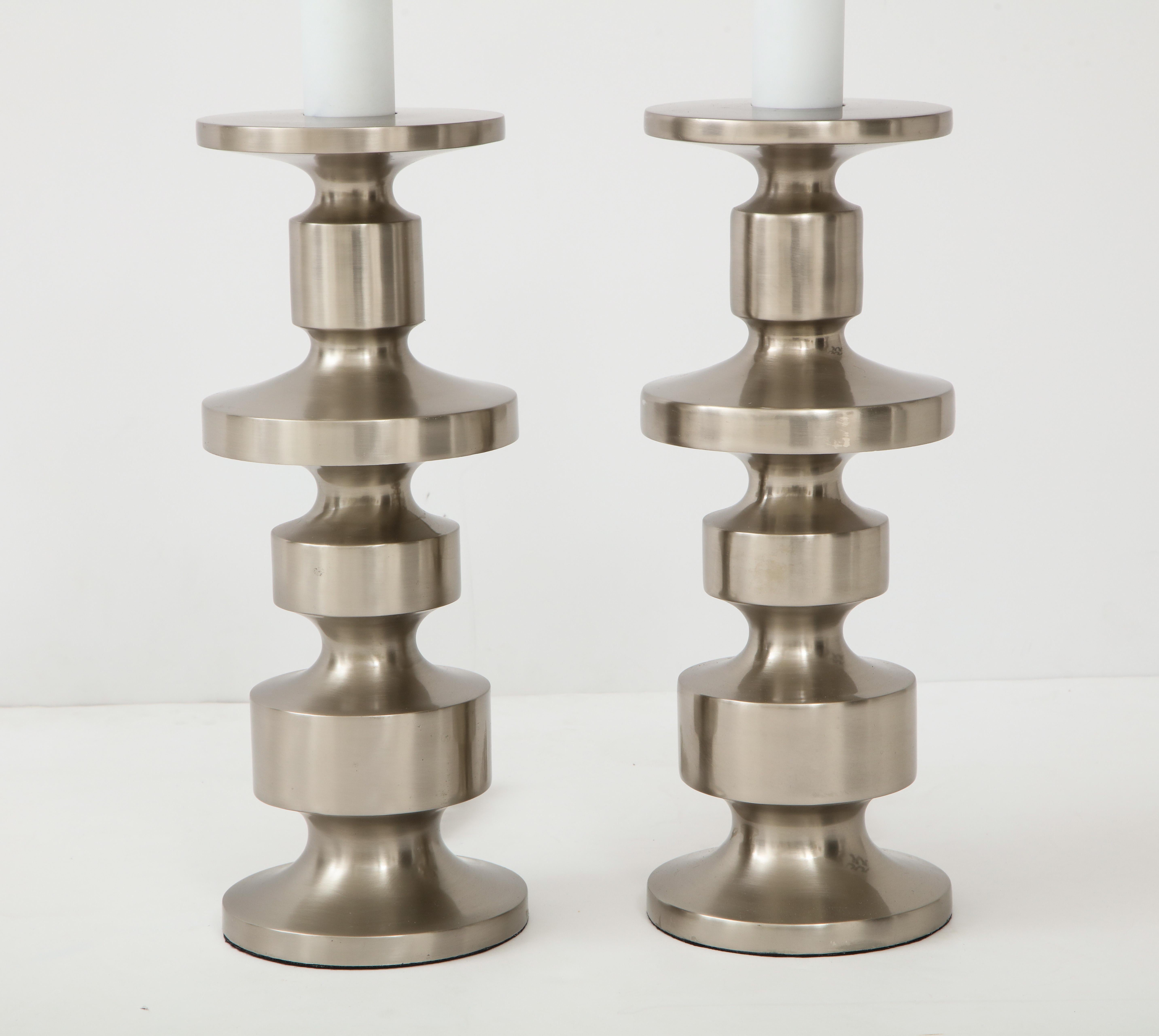 Brushed Steel Totem Lamps In Excellent Condition For Sale In New York, NY