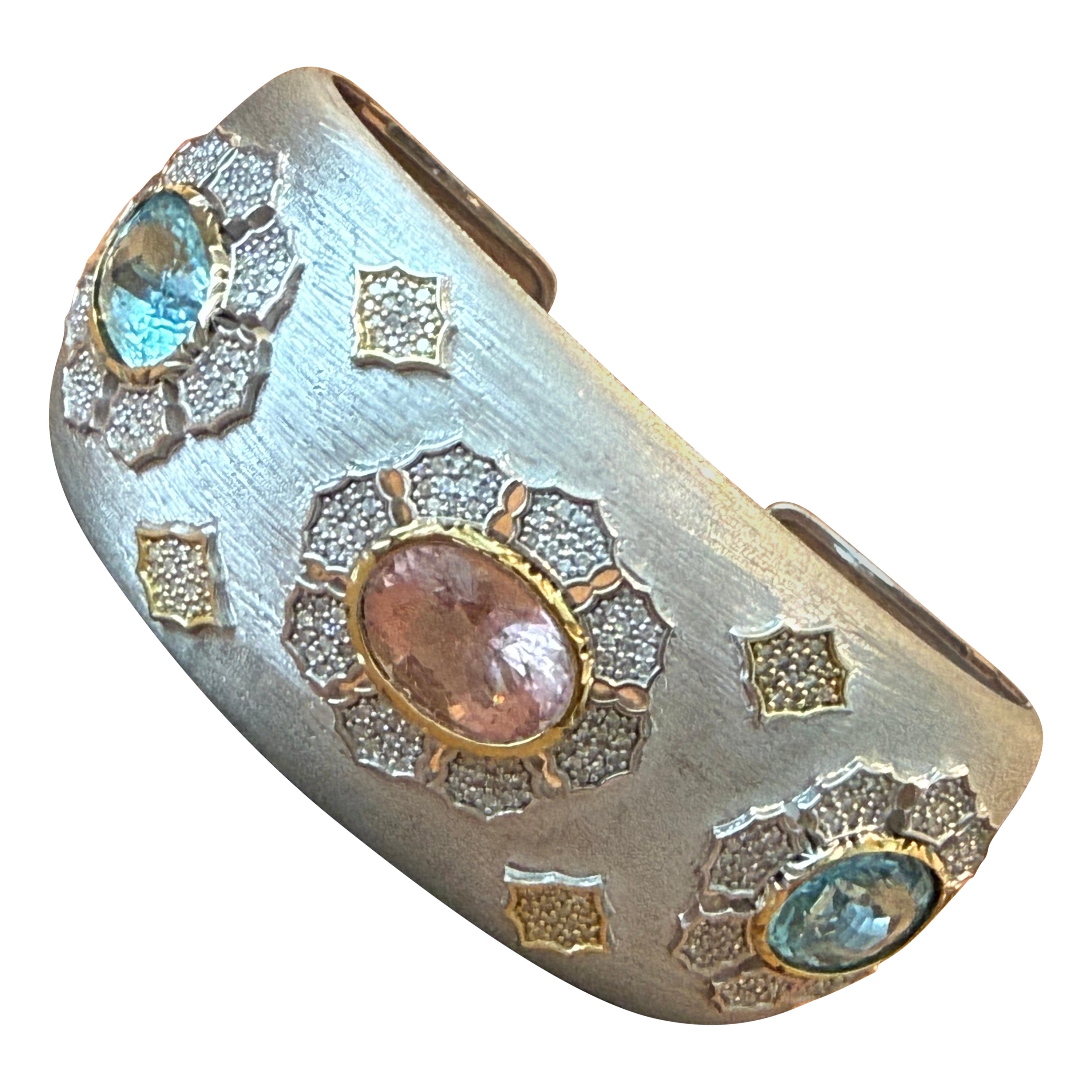 Brushed Sterling Silver Diamond Aquamarine Morganite Cuff bracelet