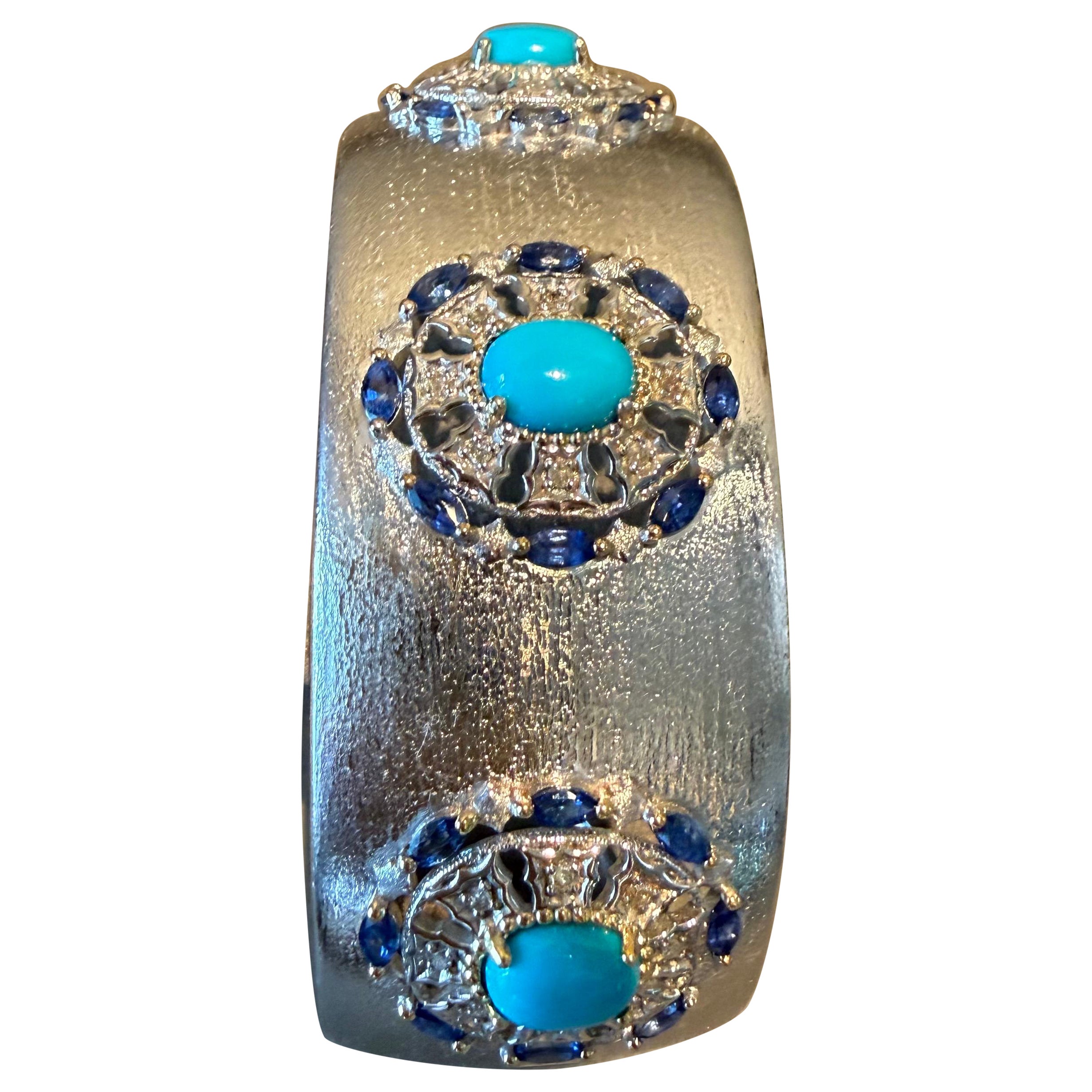 Brushed Sterling Silver Diamond Ceylon Sapphire Turquoise cuff bracelet