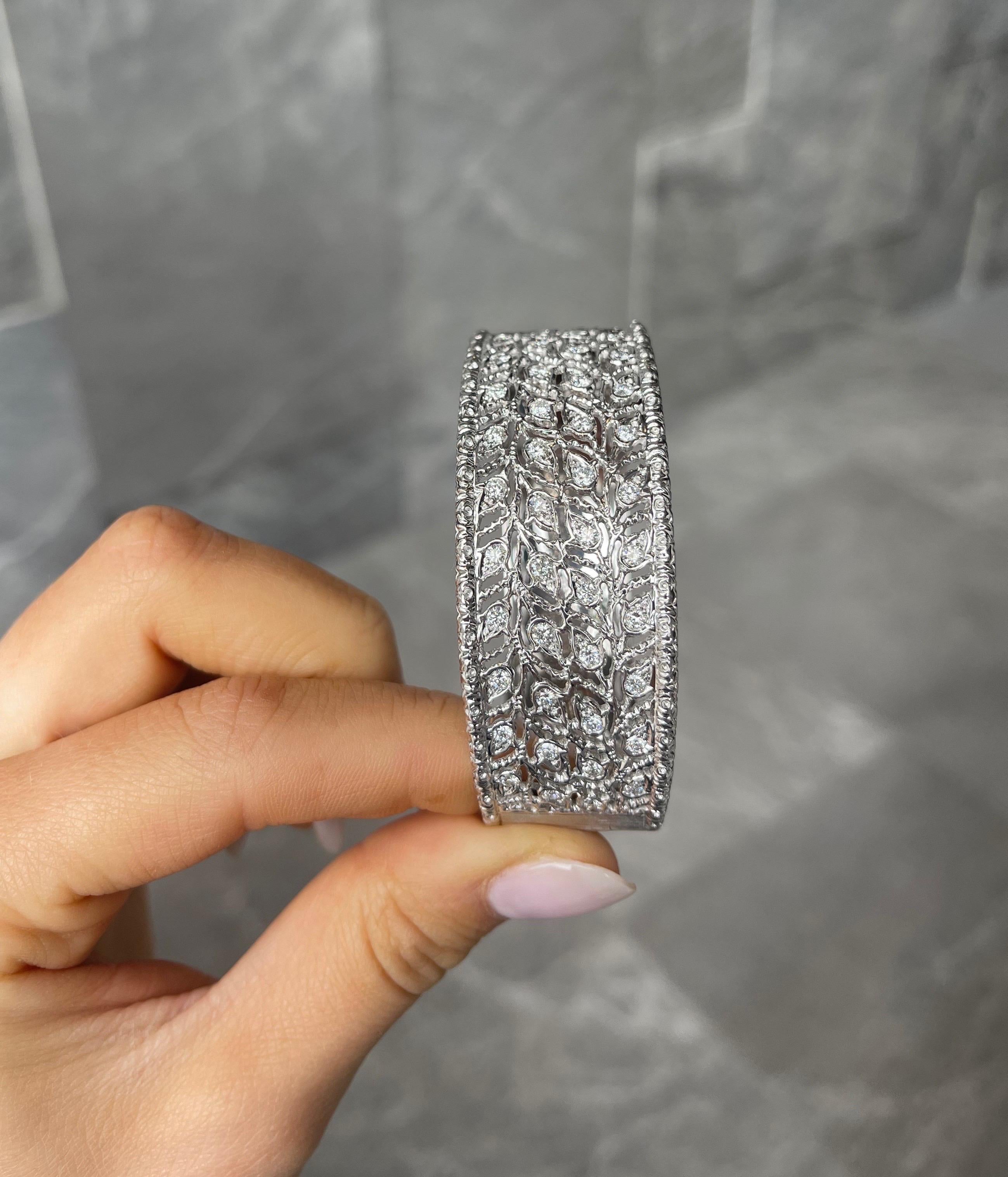 Brushed White Gold & Round Diamond Leaf Hinged Cuff For Sale 10