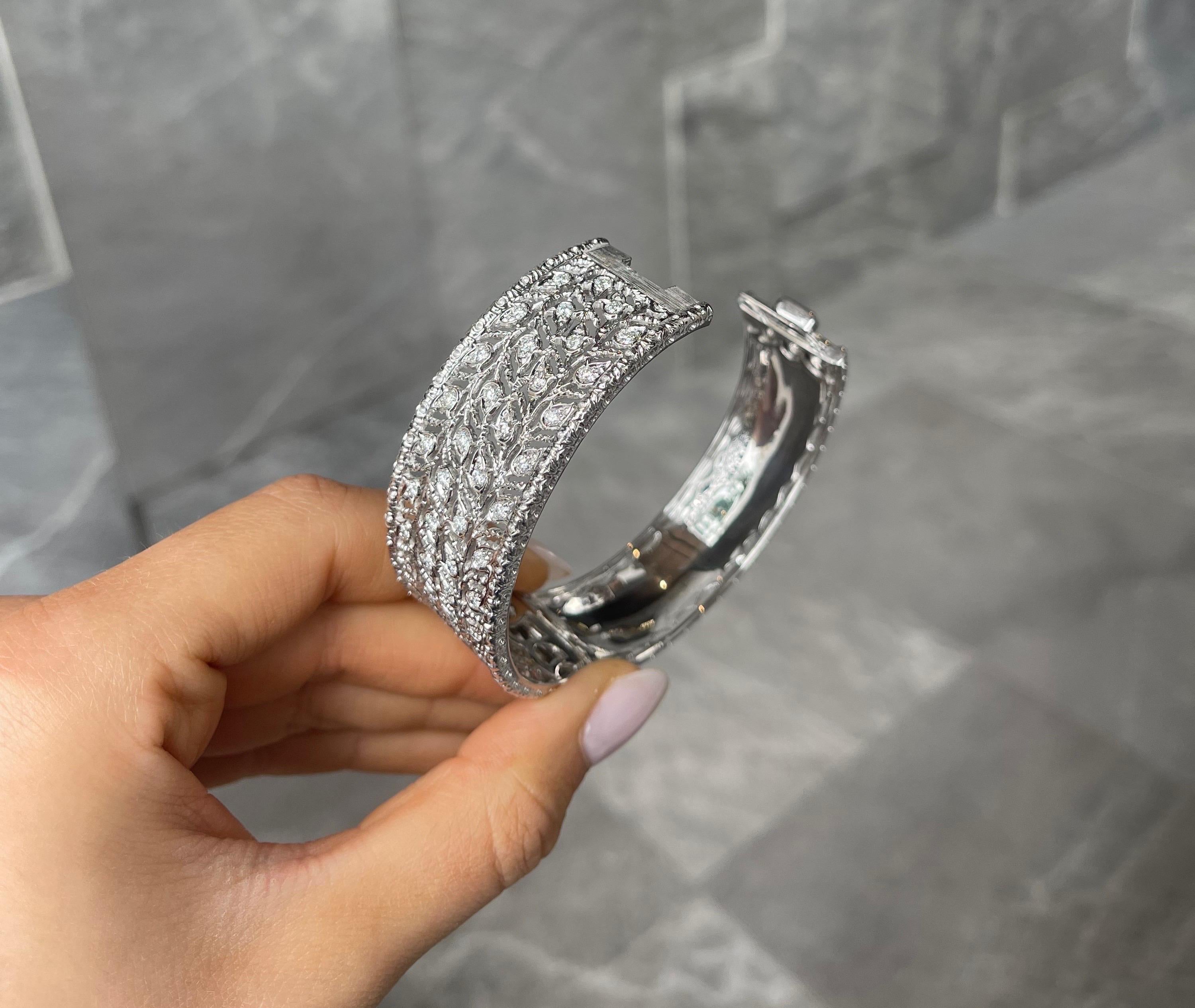 Brushed White Gold & Round Diamond Leaf Hinged Cuff For Sale 15