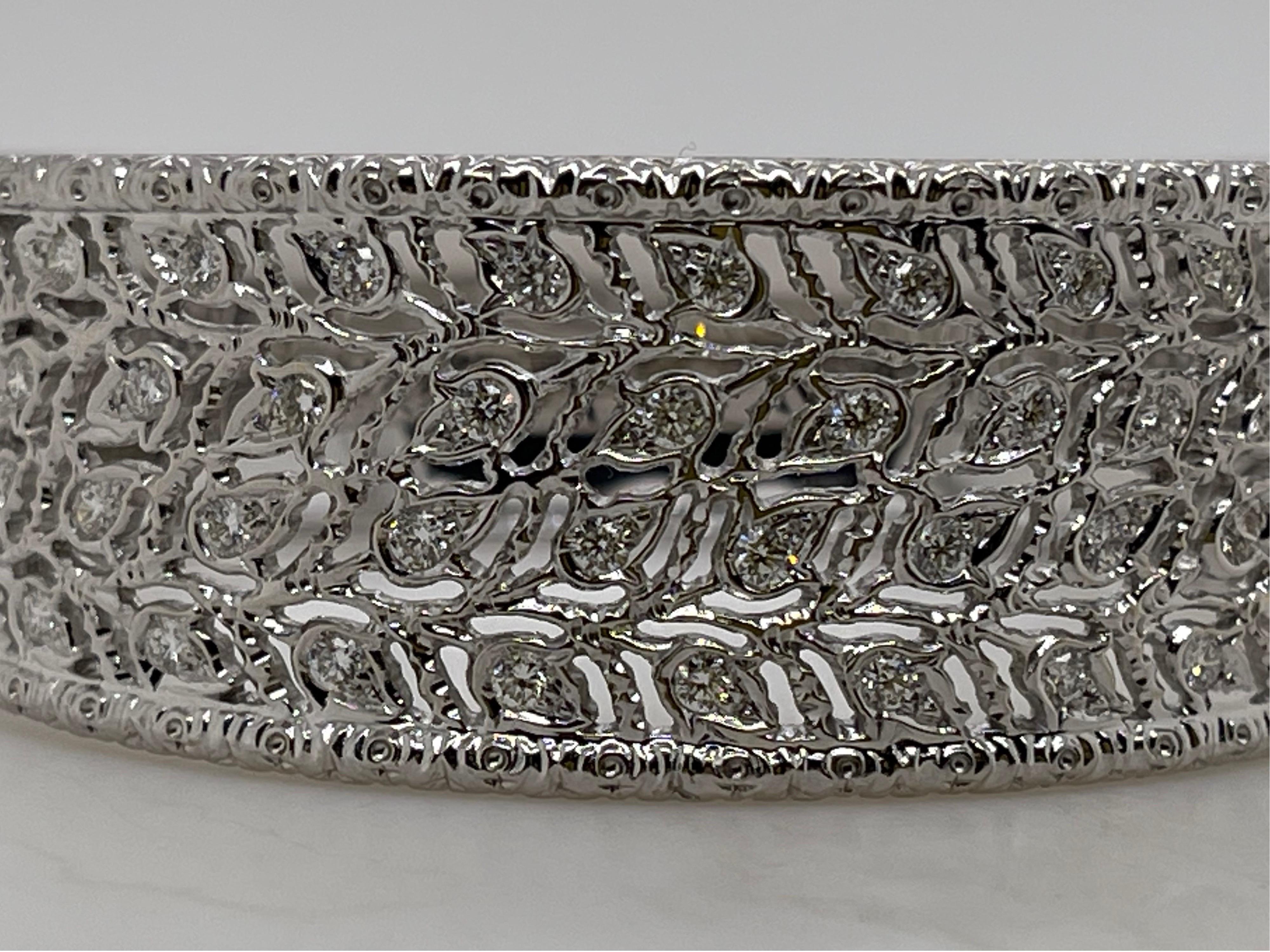 Brushed White Gold & Round Diamond Leaf Hinged Cuff For Sale 2
