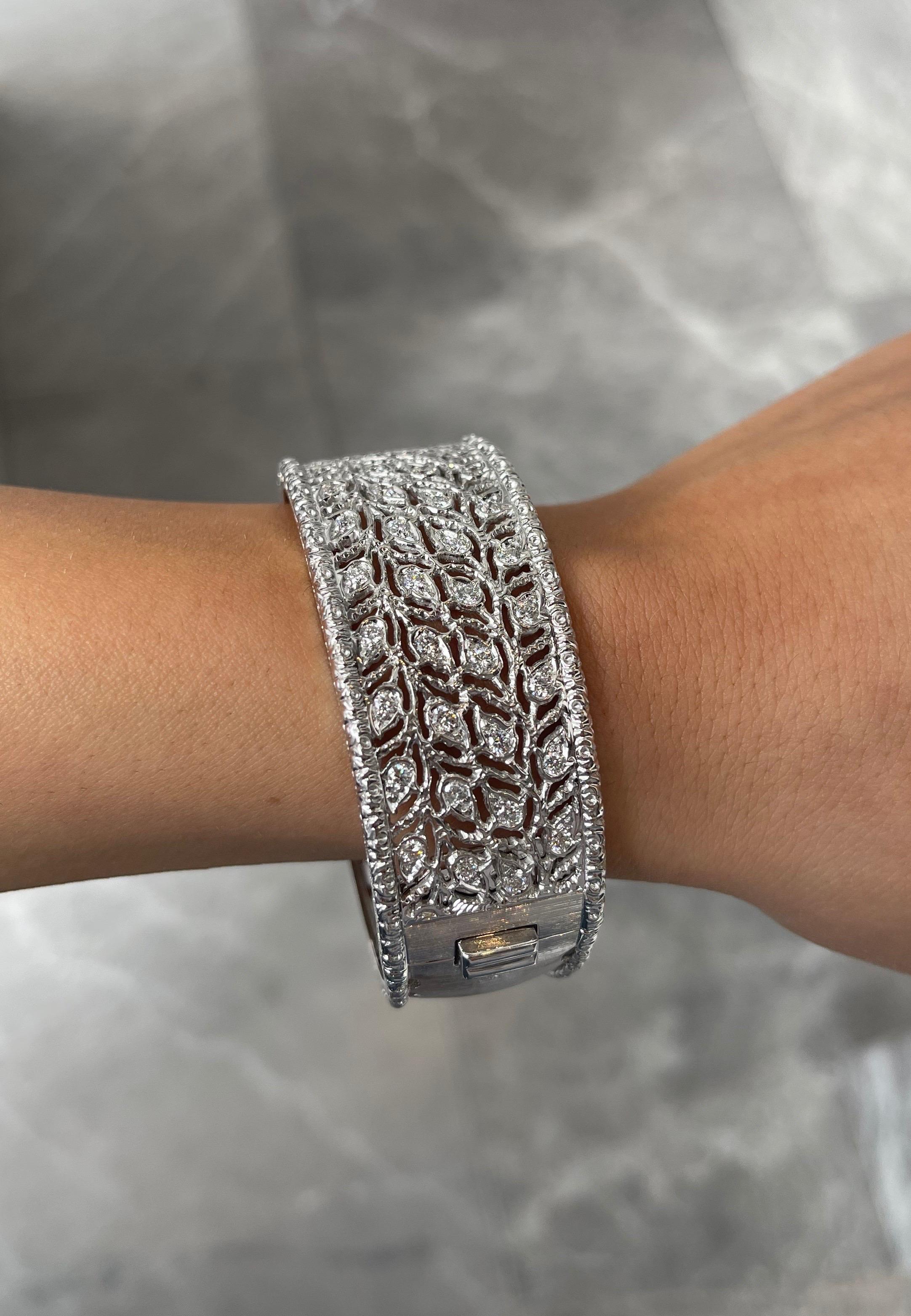 Brushed White Gold & Round Diamond Leaf Hinged Cuff For Sale 3
