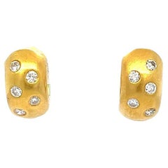 Brushed Yellow Gold and Diamond Huggie Hoop Earrings