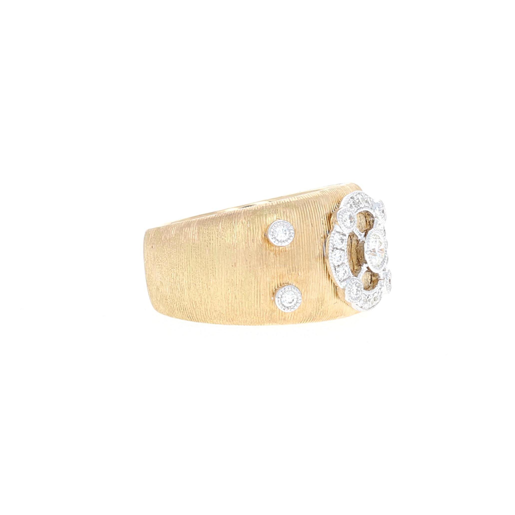 18 karat yellow gold diamond fashion ring. The ring has a 