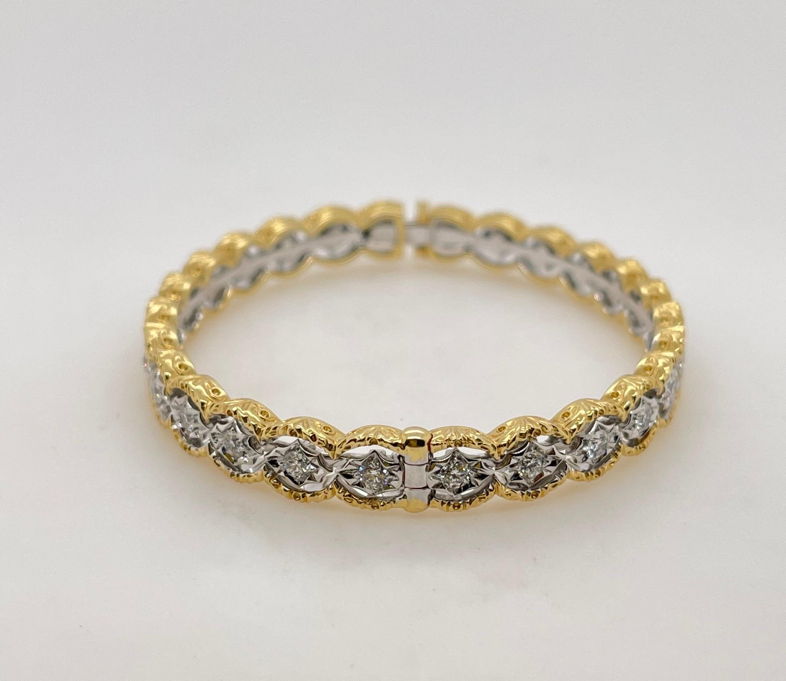 Round Cut Brushed Yellow Gold Round Diamond & White Gold Hinged Bangle For Sale