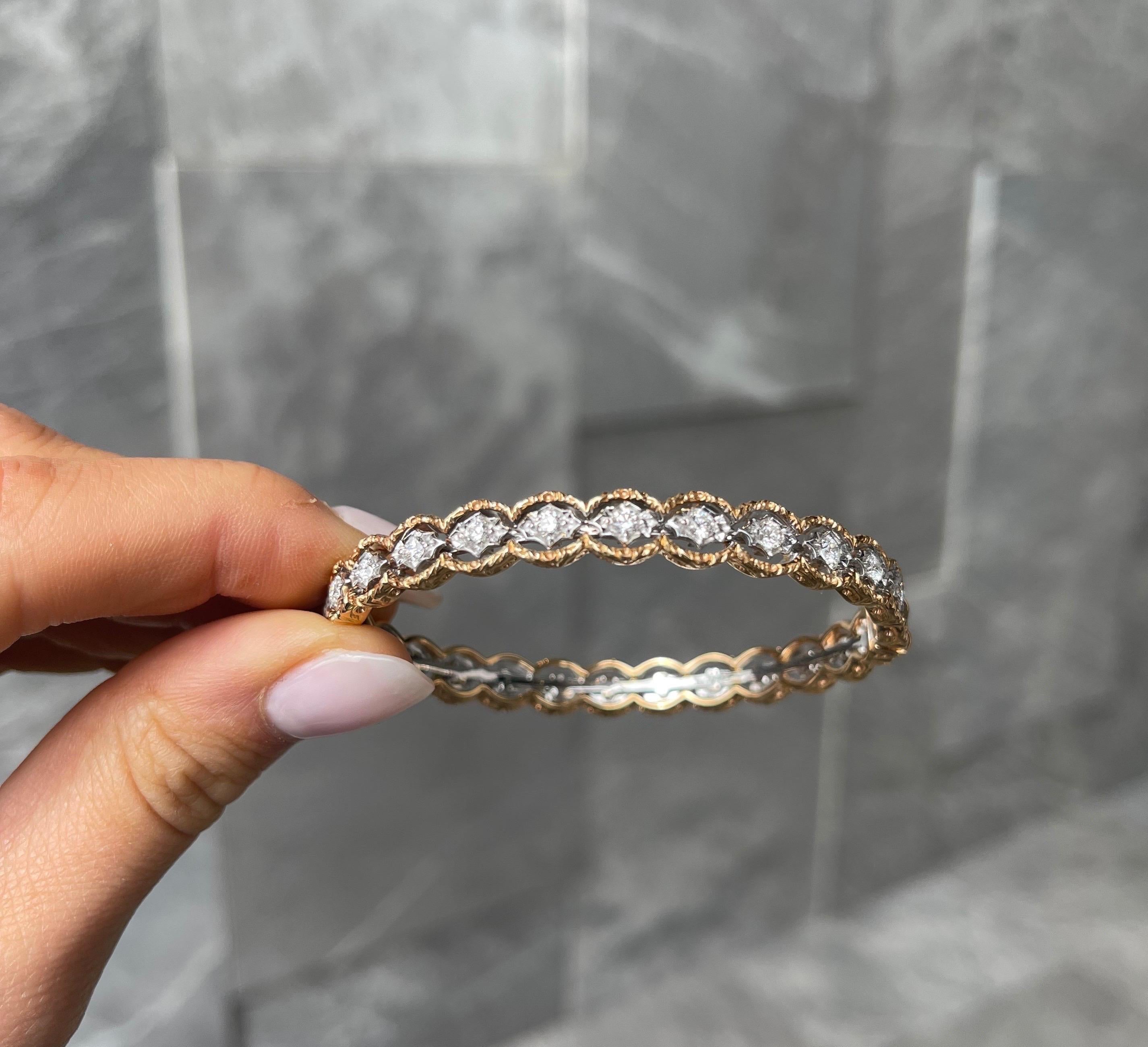 Brushed Yellow Gold Round Diamond & White Gold Hinged Bangle For Sale 2