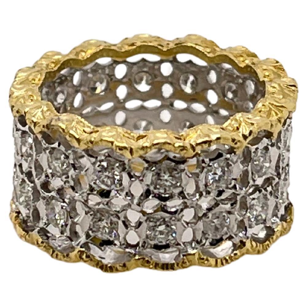 Brushed Yellow & White Gold Diamond Scalloped Lace Band For Sale