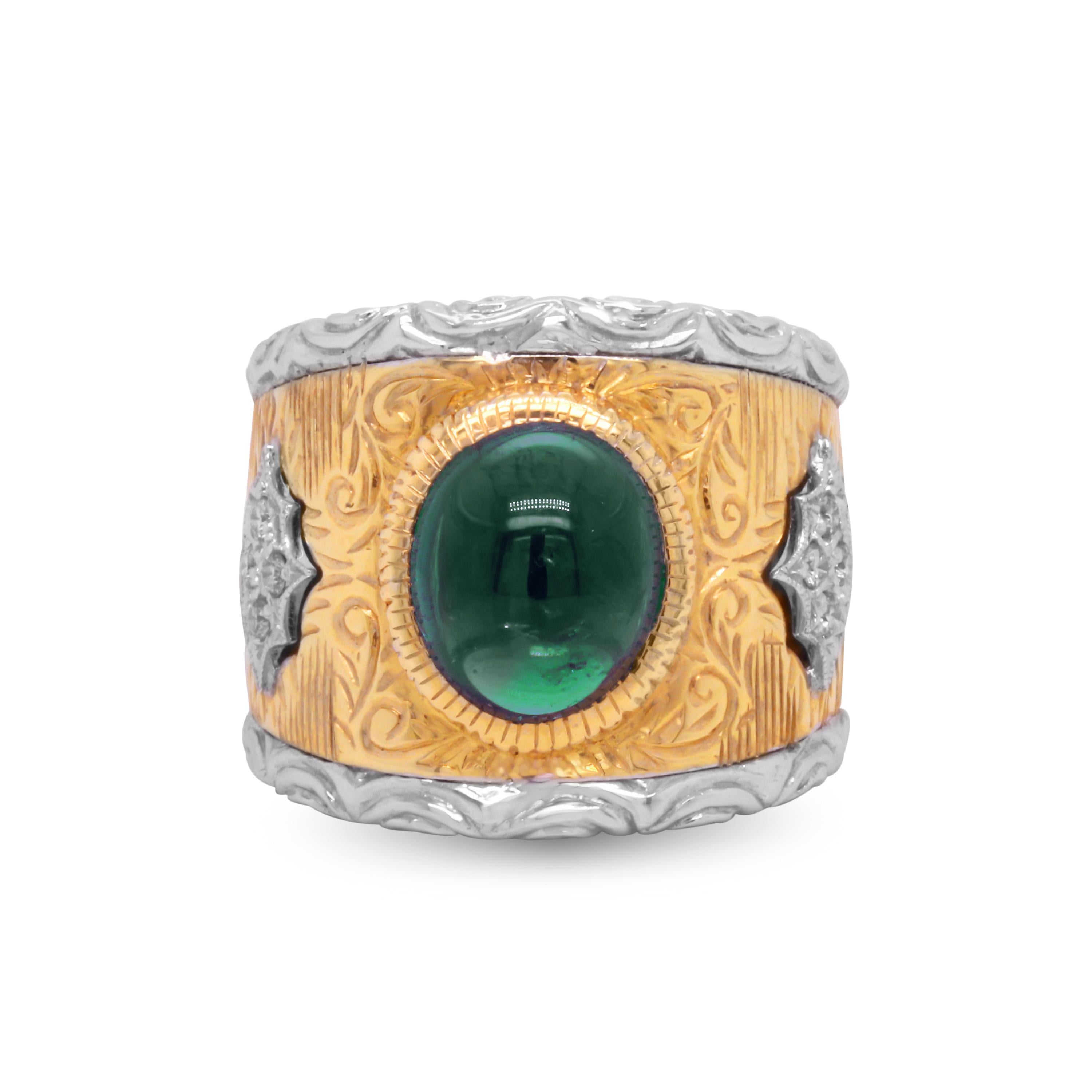 18K Brushed Yellow and White Two Tone Gold and Diamond Wide Band Ring with Oval, Cabochon Green Tourmaline center

This unique wide cocktail ring features an incredible design all throughout with yellow gold in the center along with white gold on