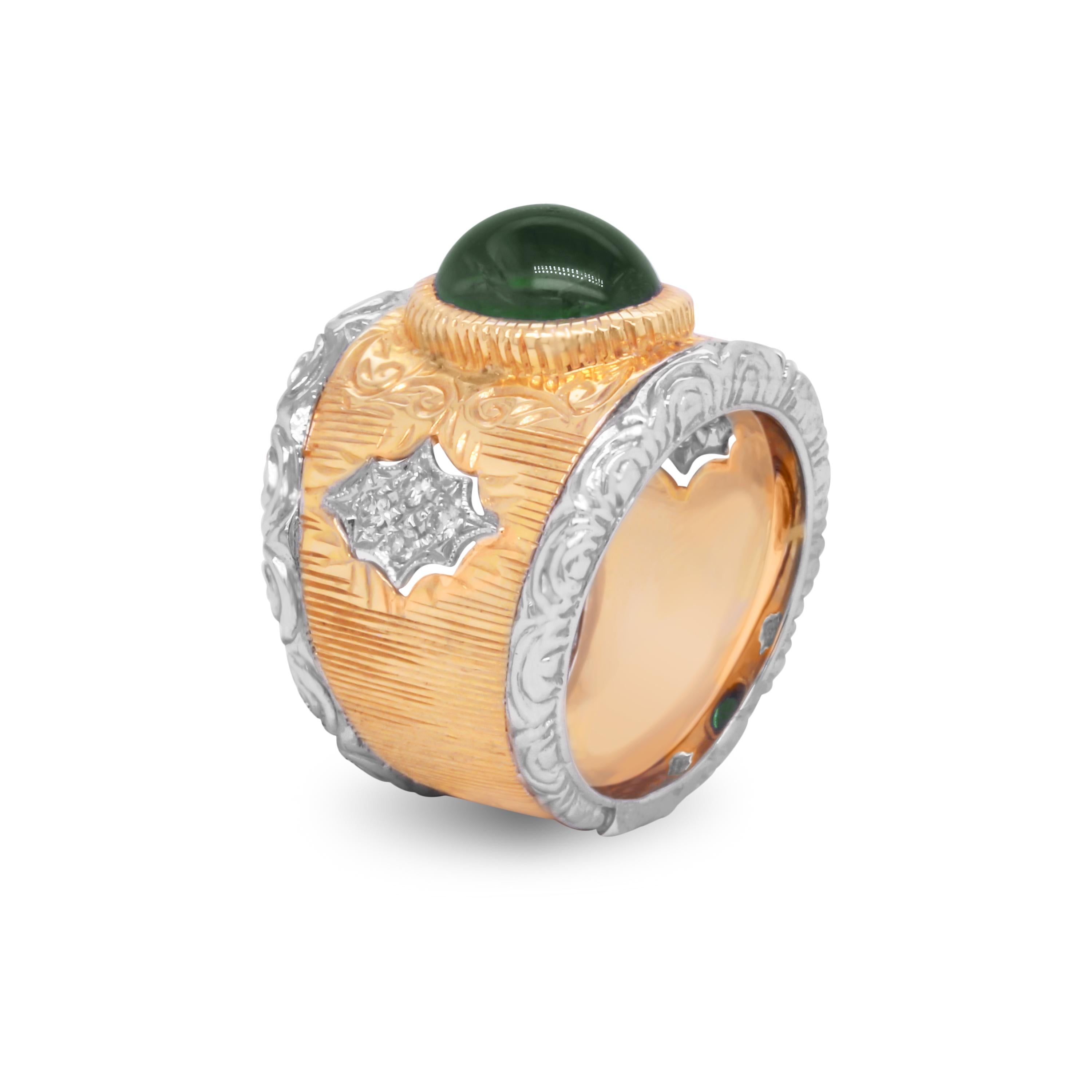 Oval Cut Brushed Yellow White Two-Tone Gold and Diamond Wide Ring with Tourmaline