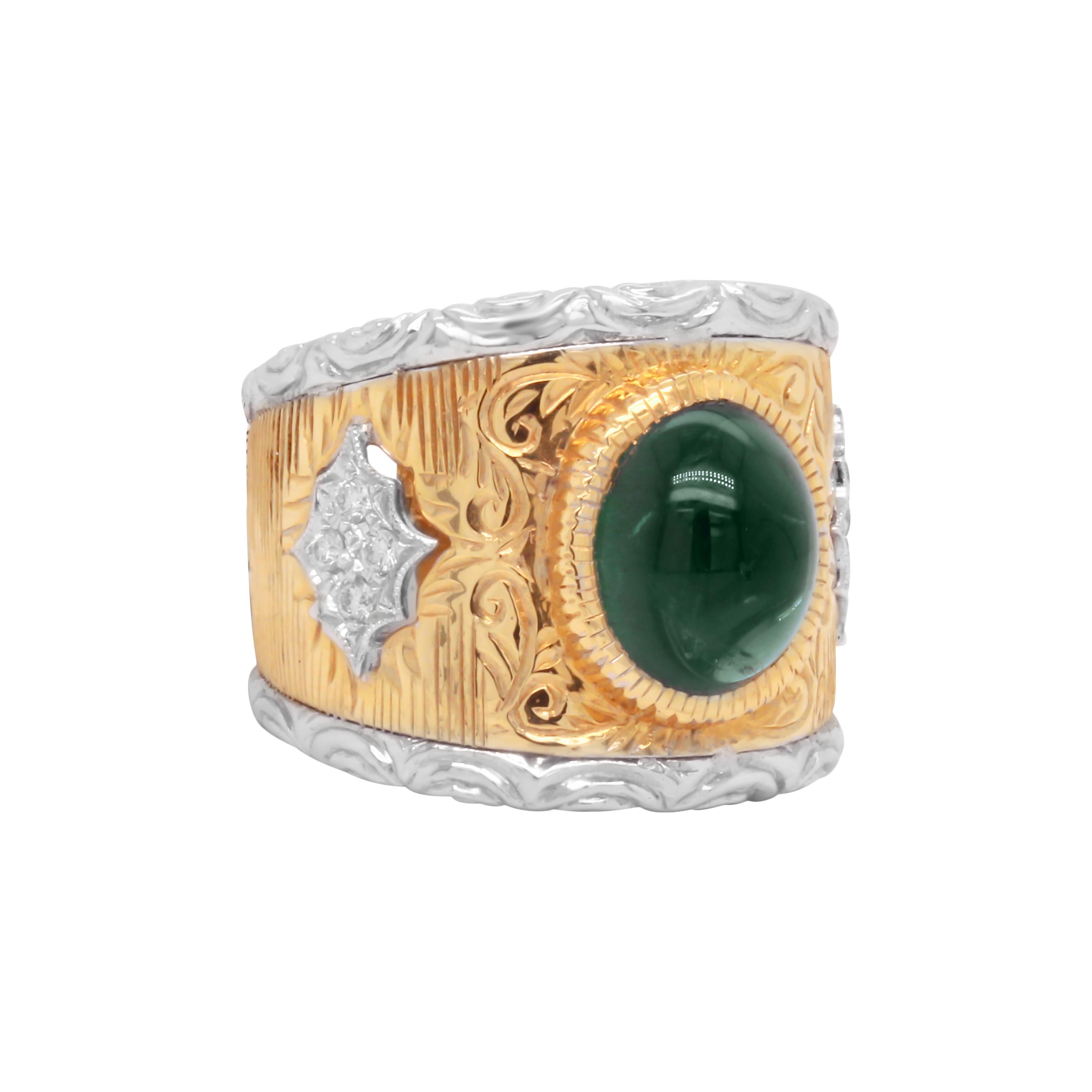 Brushed Yellow White Two-Tone Gold and Diamond Wide Ring with Tourmaline In Excellent Condition In Boca Raton, FL
