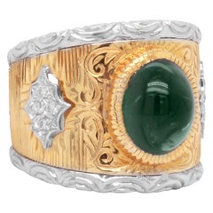 Brushed Yellow White Two-Tone Gold and Diamond Wide Ring with Tourmaline