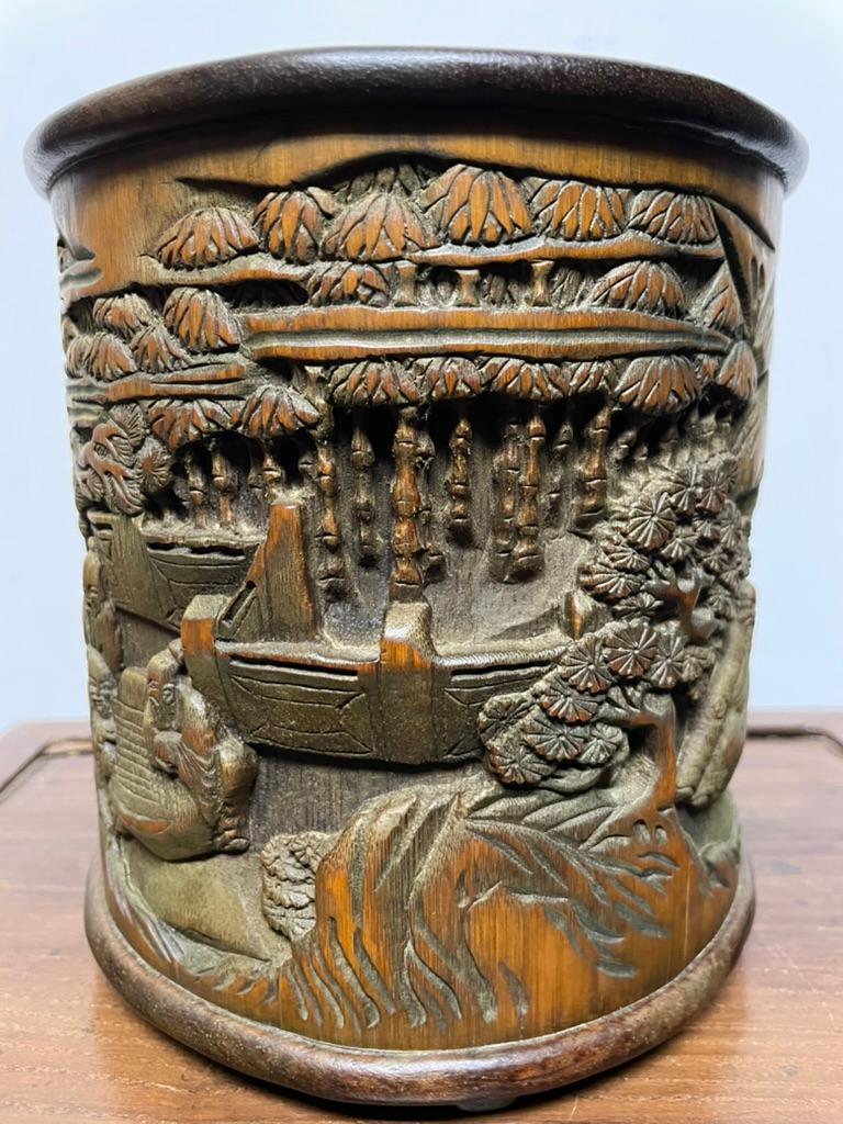 Chinese Bamboo Calligraphy Brush Holder Carved With Scholars in a Garden  For Sale 5