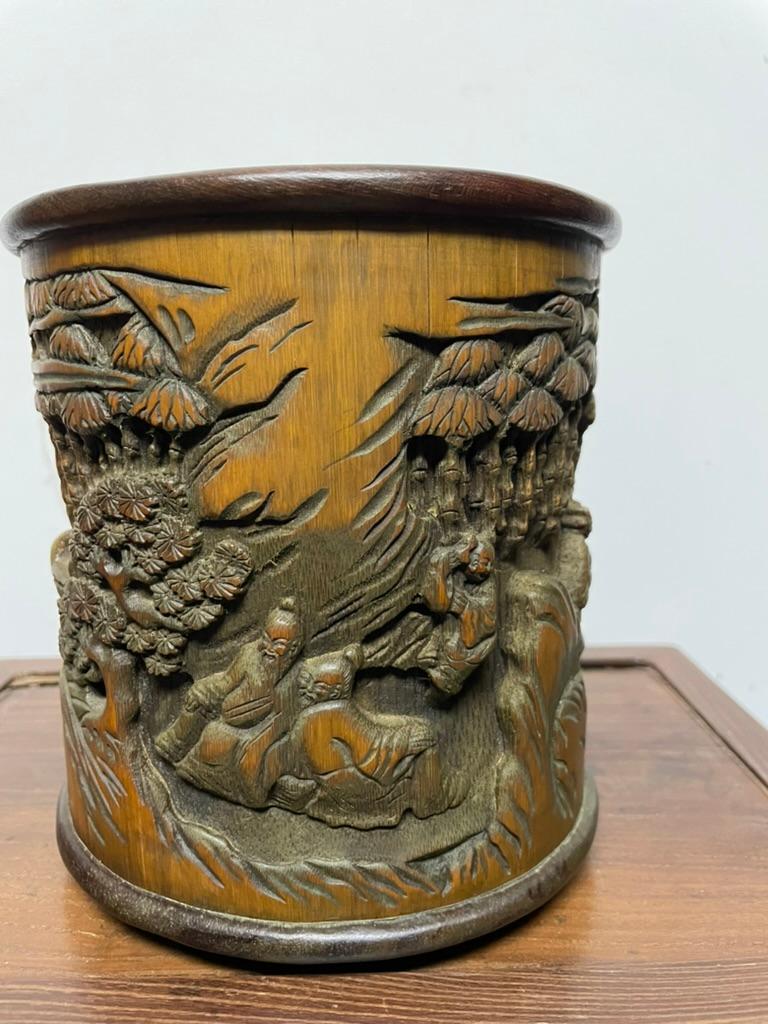 Ming Chinese Bamboo Calligraphy Brush Holder Carved With Scholars in a Garden  For Sale