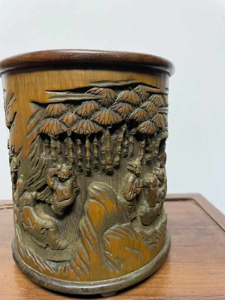 Hand-Carved Chinese Bamboo Calligraphy Brush Holder Carved With Scholars in a Garden  For Sale