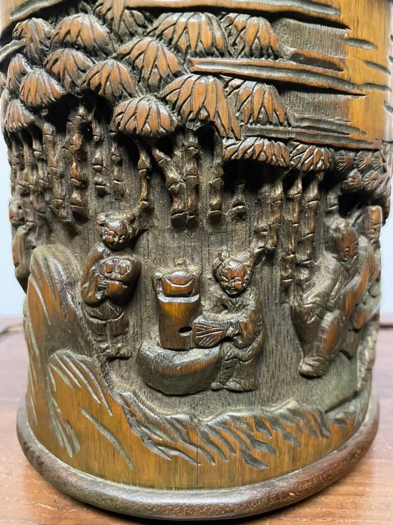 20th Century Chinese Bamboo Calligraphy Brush Holder Carved With Scholars in a Garden  For Sale