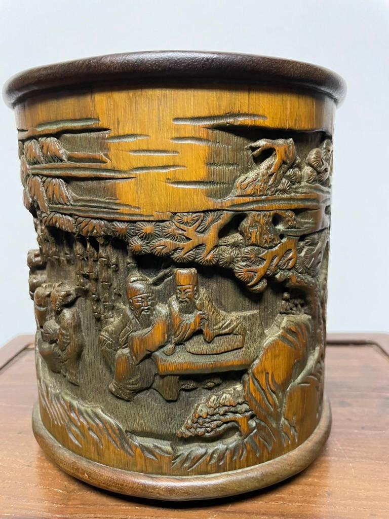 Chinese Bamboo Calligraphy Brush Holder Carved With Scholars in a Garden  For Sale 1