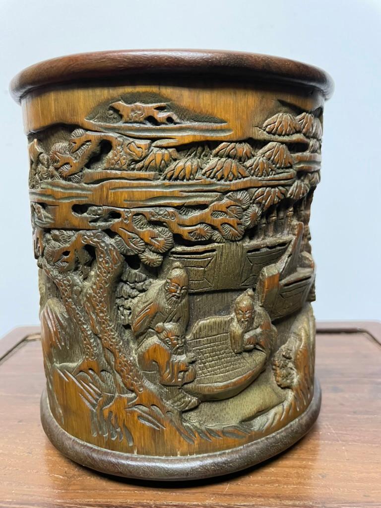 Chinese Bamboo Calligraphy Brush Holder Carved With Scholars in a Garden  For Sale 3