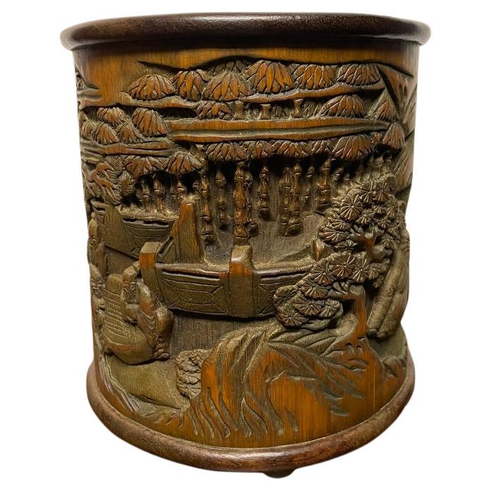 Chinese Bamboo Calligraphy Brush Holder Carved With Scholars in a Garden  For Sale