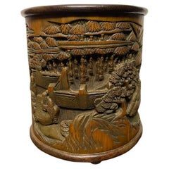 Chinese Bamboo Calligraphy Brush Holder Carved With Scholars in a Garden 