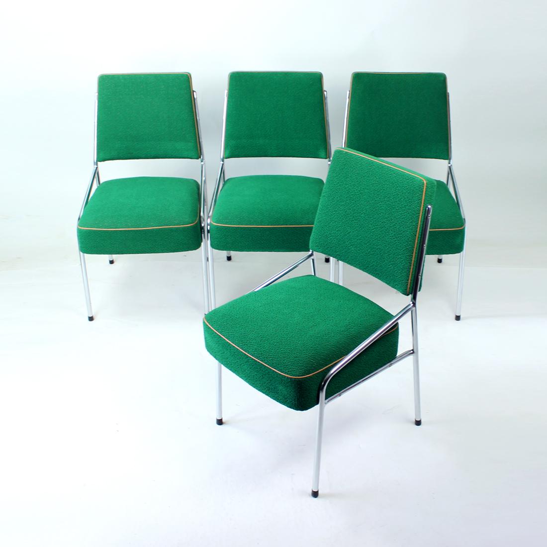 Beautiful set of four mid-century design chairs. Produced in 1960s, in the design era also known as Brussel period of design, named apptly according to a Brussel EXPO show in 1958. The chairs are made of a metal condtruction with a chrome finish,