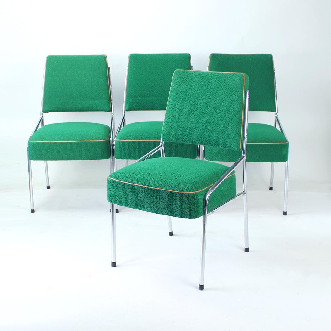 Mid-Century Modern Brussel Dining Chairs in Chrome & Green Fabric, Czechoslovakia 1960s, Set of 4 For Sale