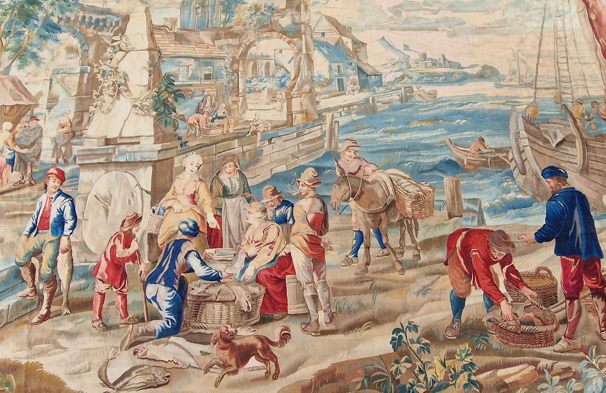Brussels 18th Century Tapestry Teniers, Marché Poisson 12'6 x 8'6  For Sale 4
