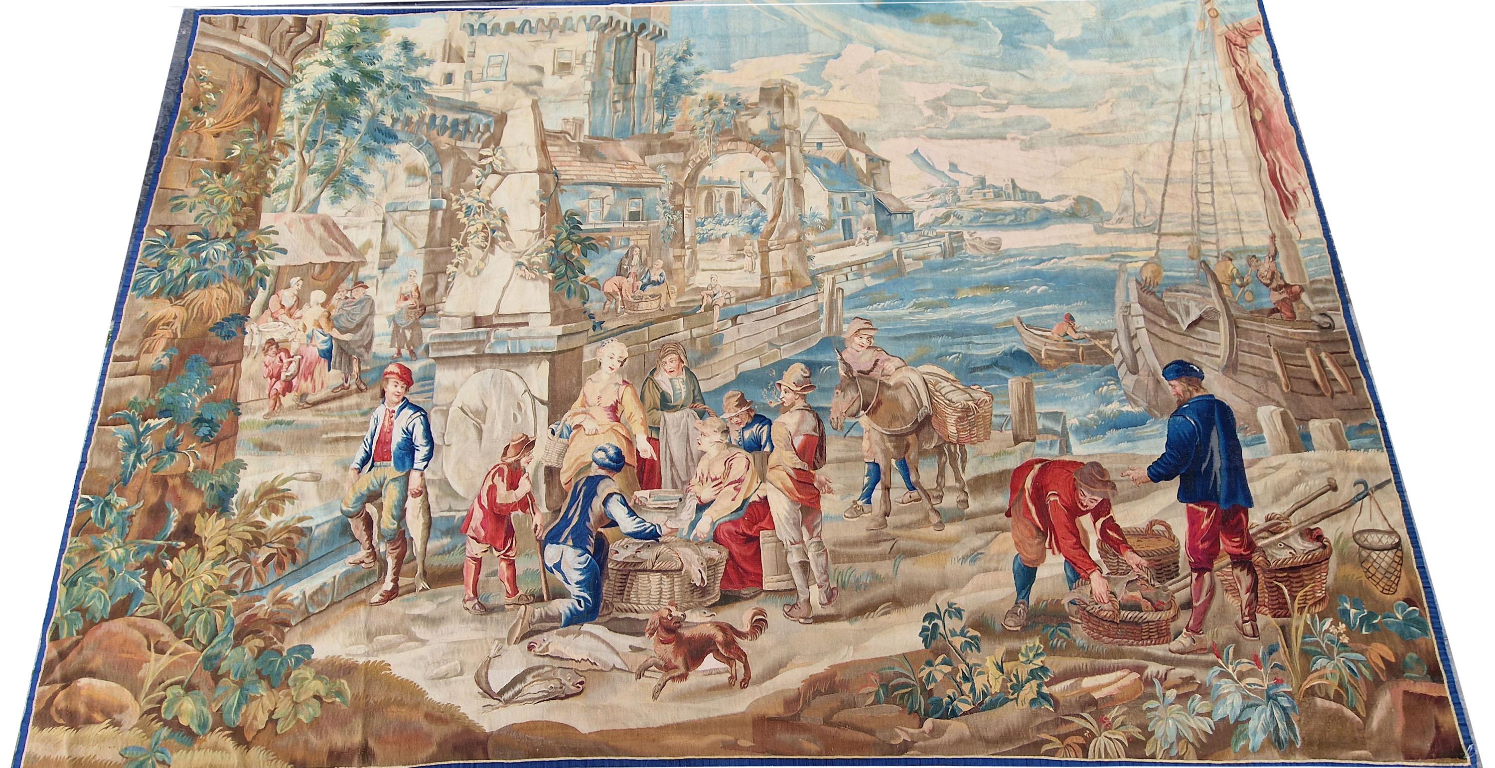 Brussels 18th Century Tapestry Teniers, Marché Poisson 12'6 x 8'6  For Sale 5