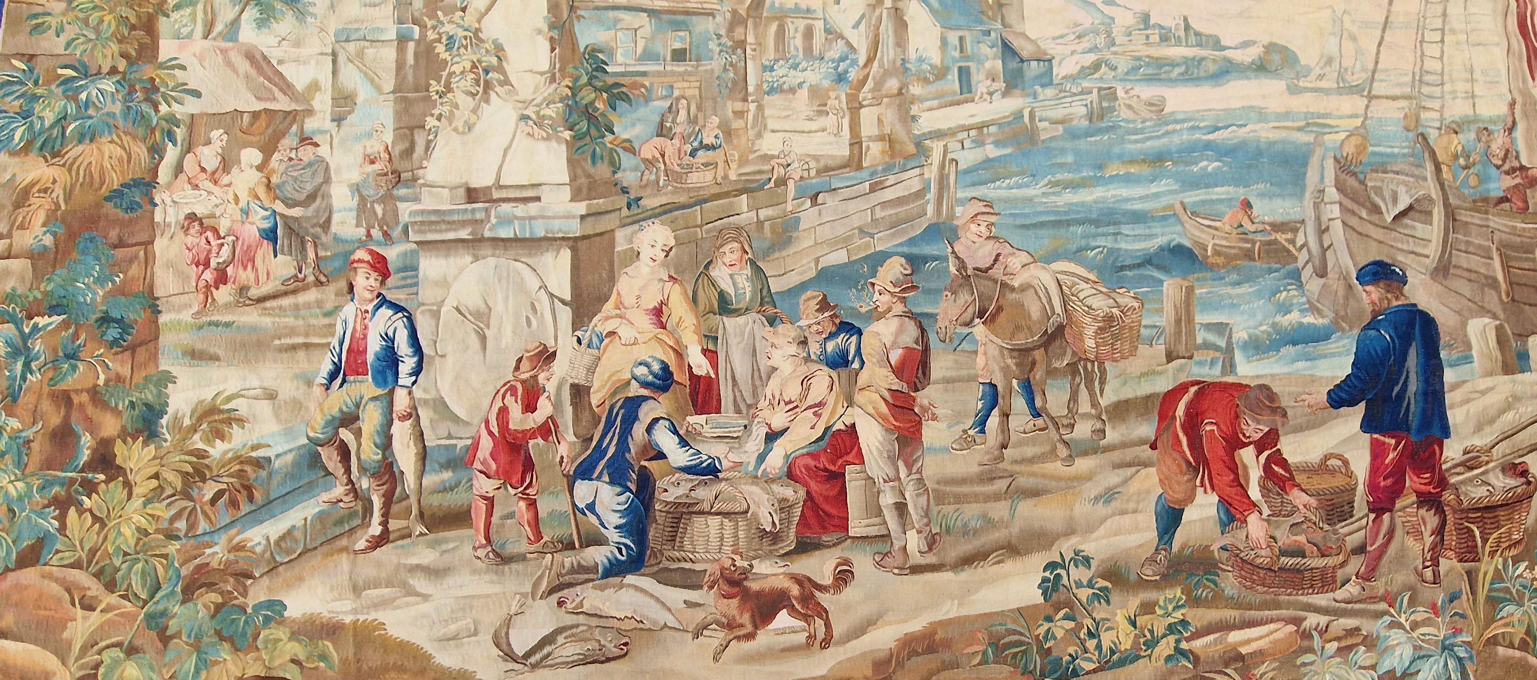 Brussels 18th Century Tapestry Teniers, Marché Poisson 12'6 x 8'6  For Sale 6