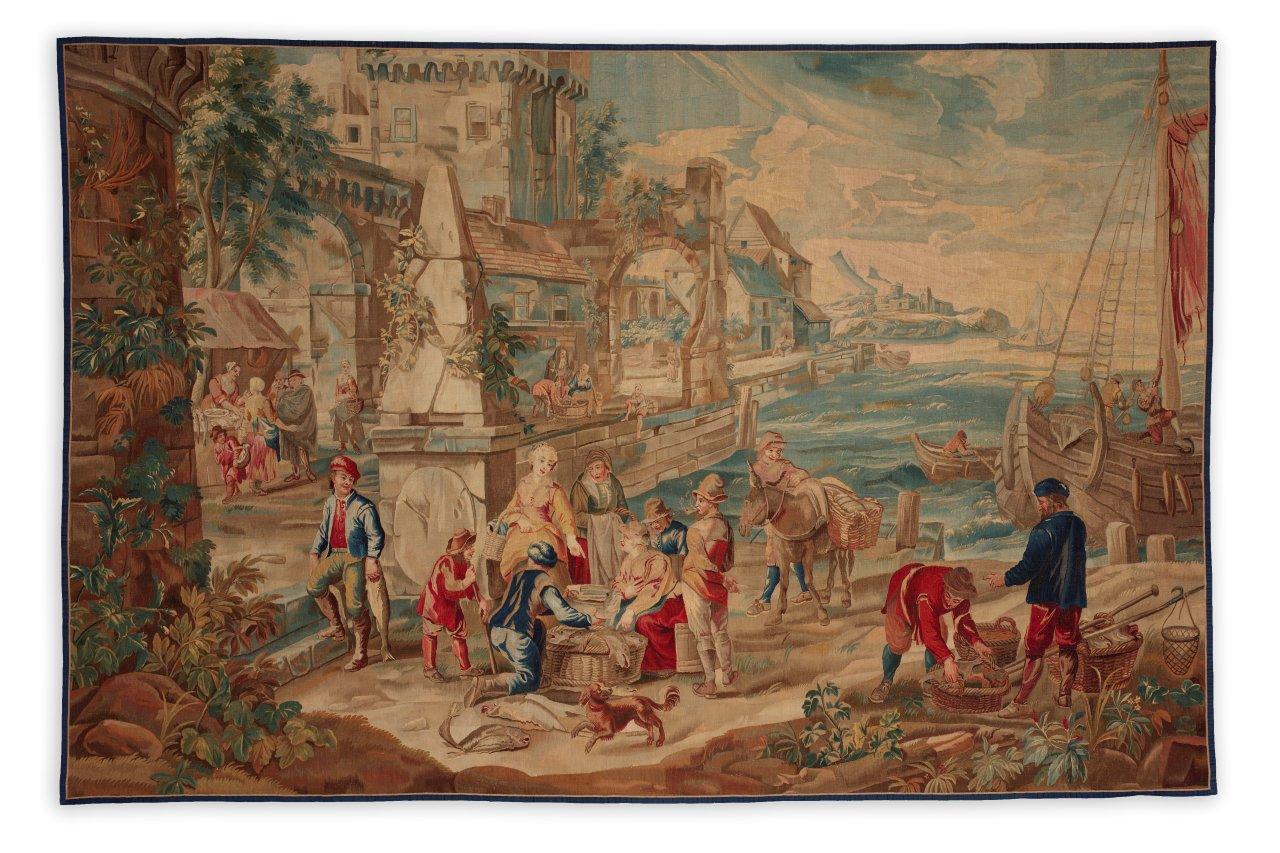 Brussels 18th Century Tapestry Teniers, Marché Poisson 12'6 x 8'6  For Sale 12