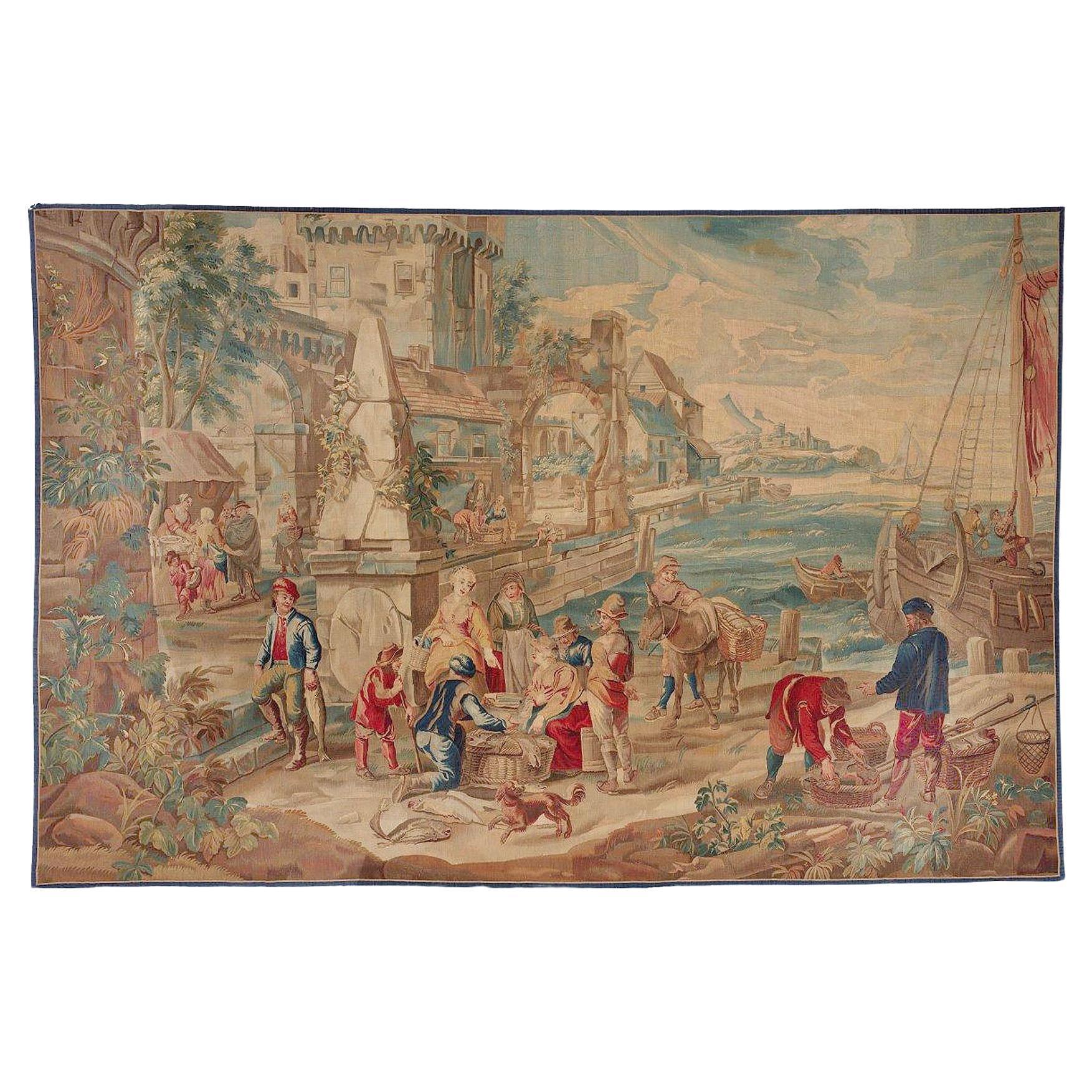 Brussels 18th Century Tapestry Teniers, Marché Poisson 12'6 x 8'6  For Sale