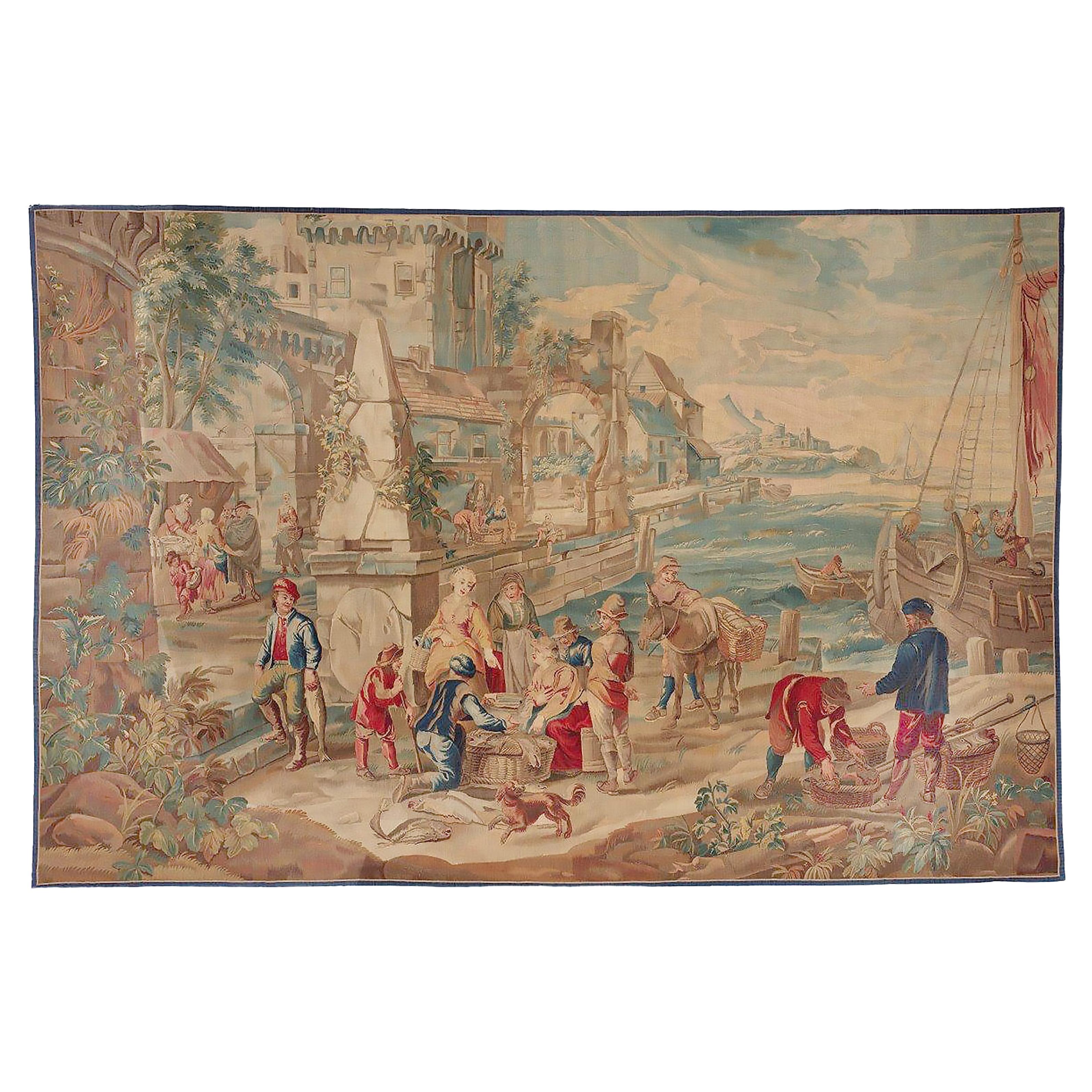 Arazzo di Bruxelles del XVIII secolo Teniers, Marché Poisson 12'6 x 8'6