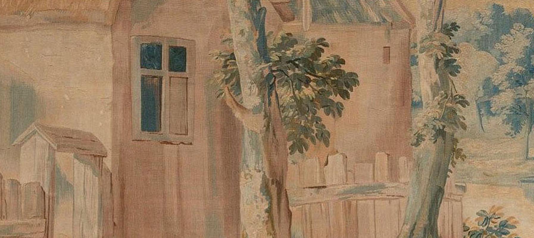 Brussels 18th century Teniers Tapestry, circa 1780, 8' x 6'7. This tapestry depicts a group of peasants some dancing while others play music sit and watch in a pastoral setting. This piece belongs to a set of genre tapestries inspired by the