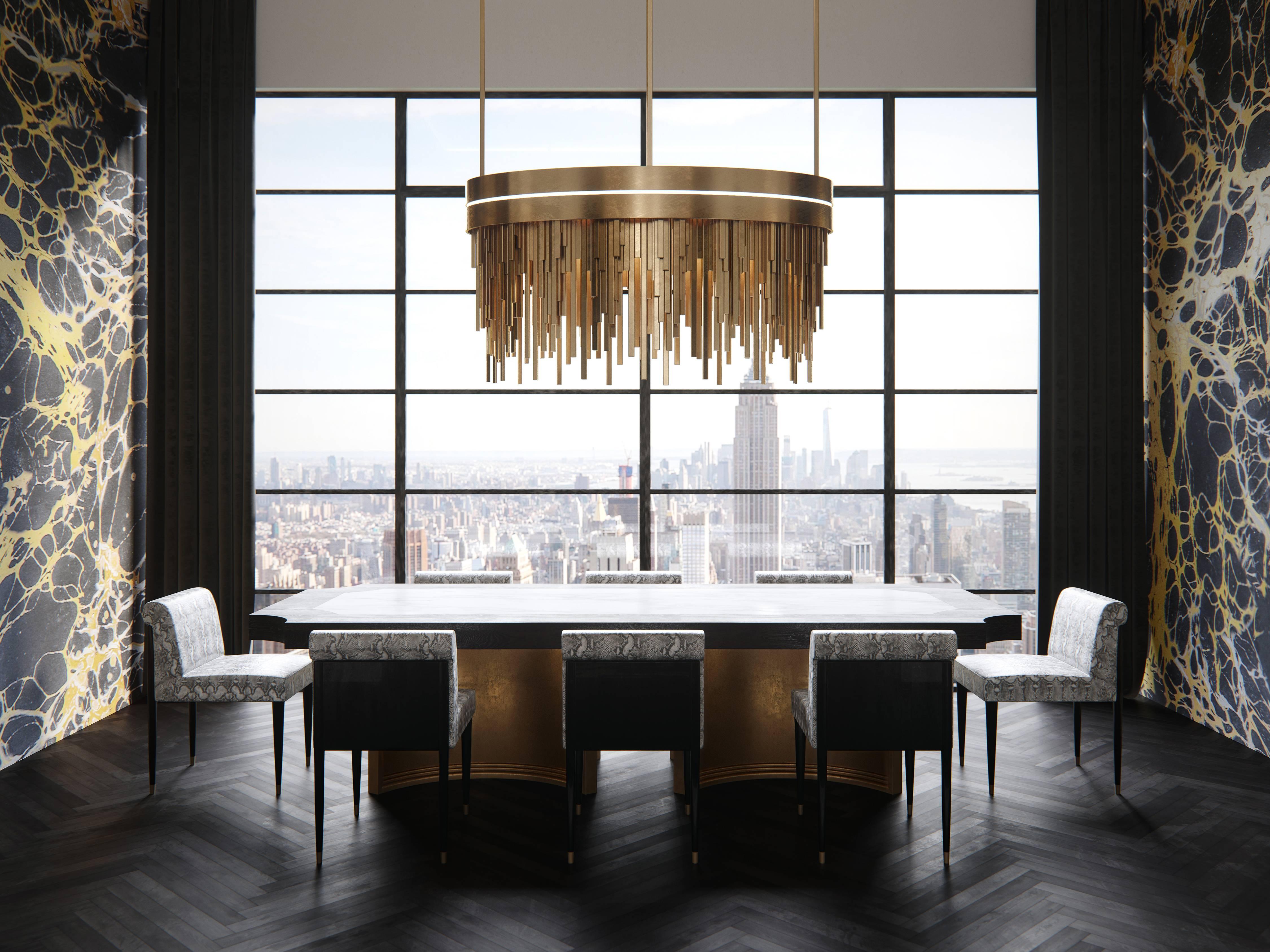 Américain TABLE À MANGER BRUSSELS - Table moderne en chêne ébène, marbre de Carrare et cuir doré en vente