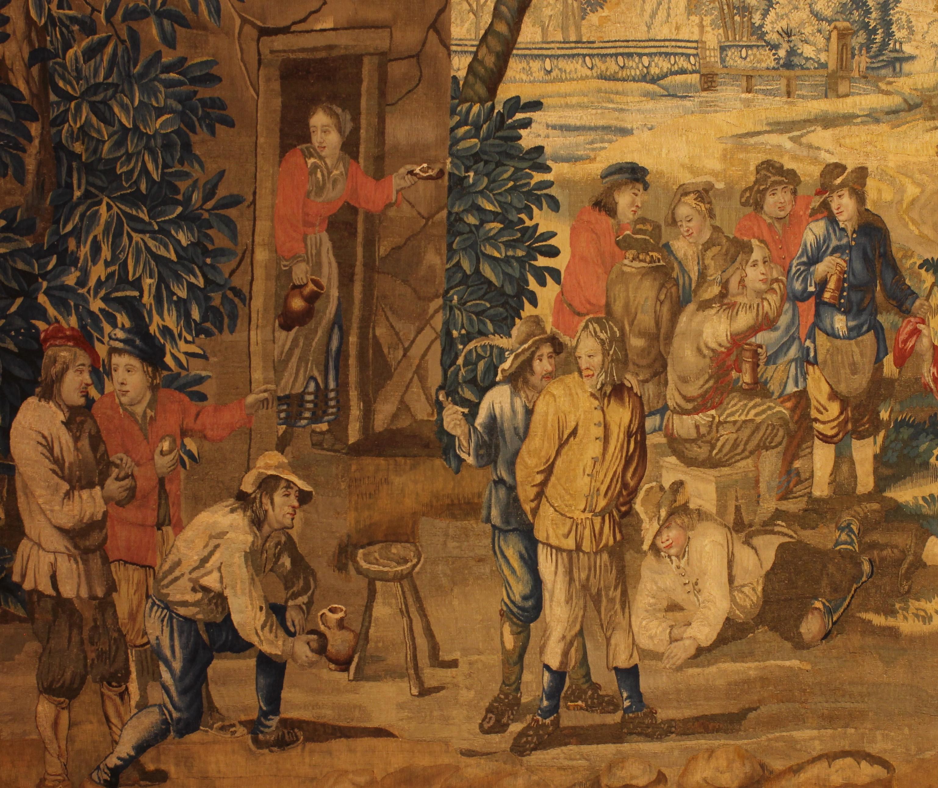 Brussels Tapestry After Teniers from the beginning of the 18th century

Very beautiful tapestry describing a village scene at the end of the 17th century / beginning of the 18th century
superb quality of execution with a tapestry entirely in