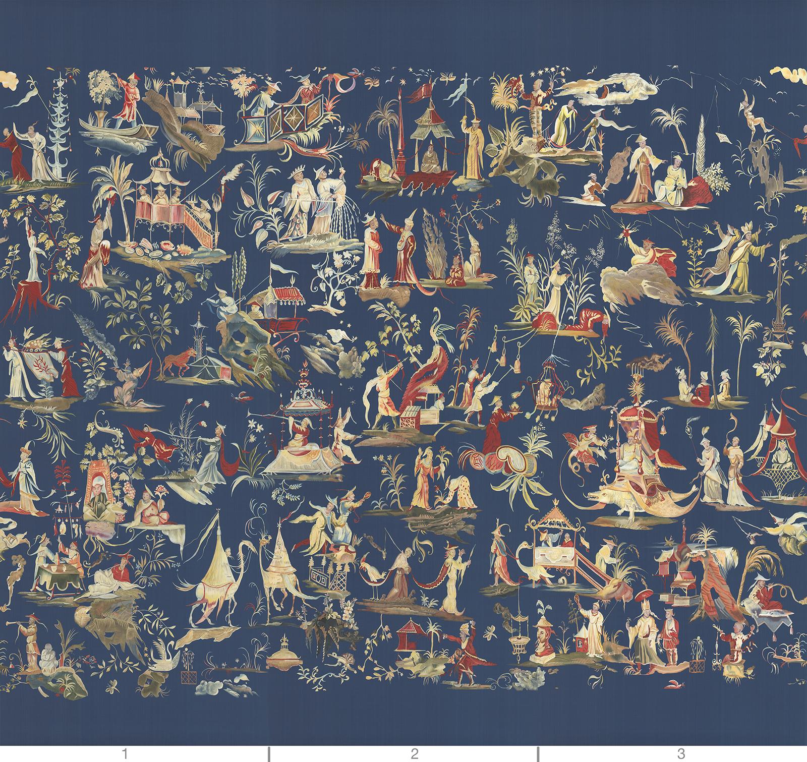 Brussels Tapestry is a mural of three separate panels hand painted on a silk blue background.  Each panel consists of a collage of vignettes with figures, animals, boats, and towers.  This delight of fantasy is full of unusual creatures, robed