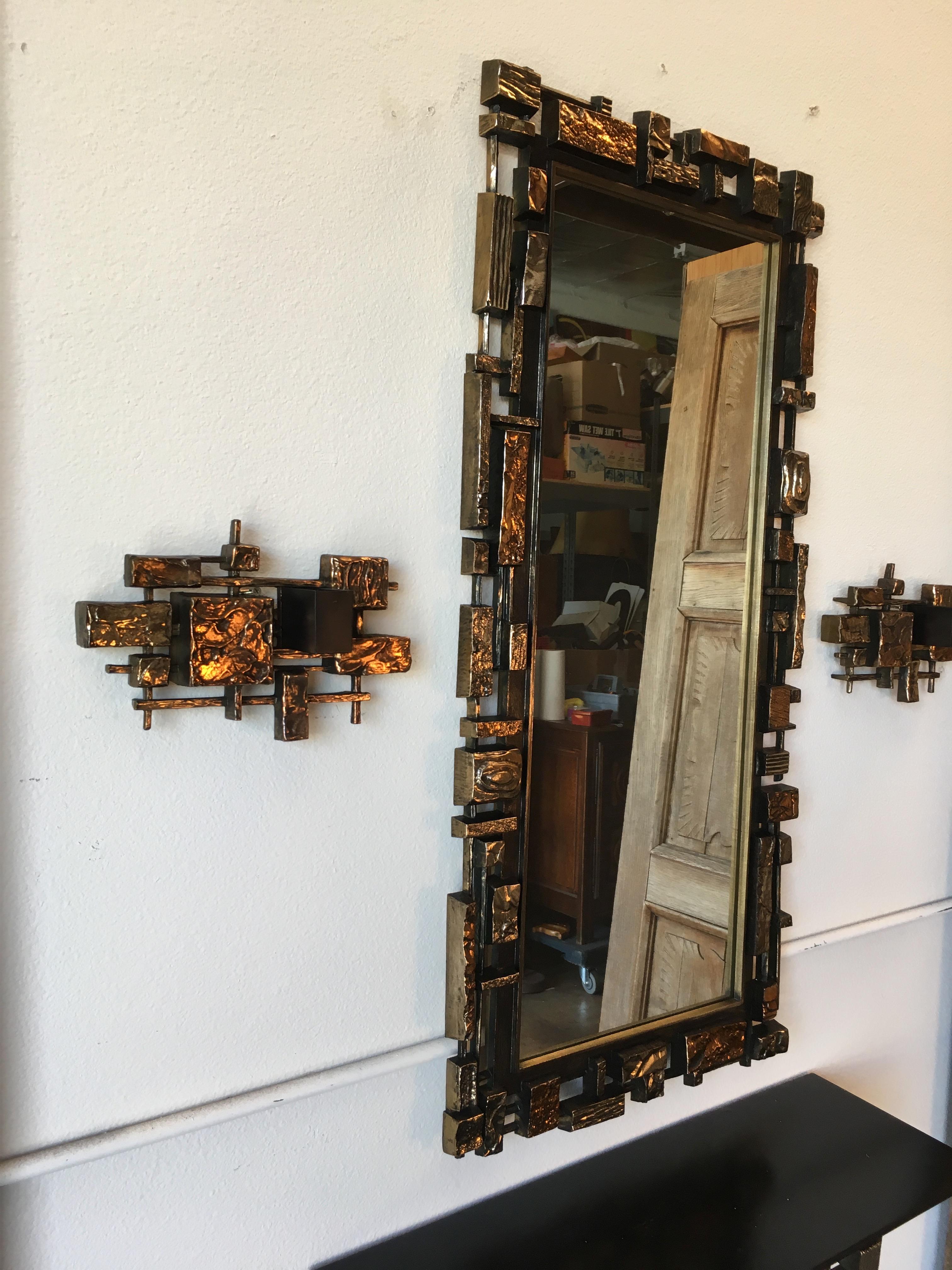 Mid-Century Modern Brutal Mirror, Console and Sconces by Syroco