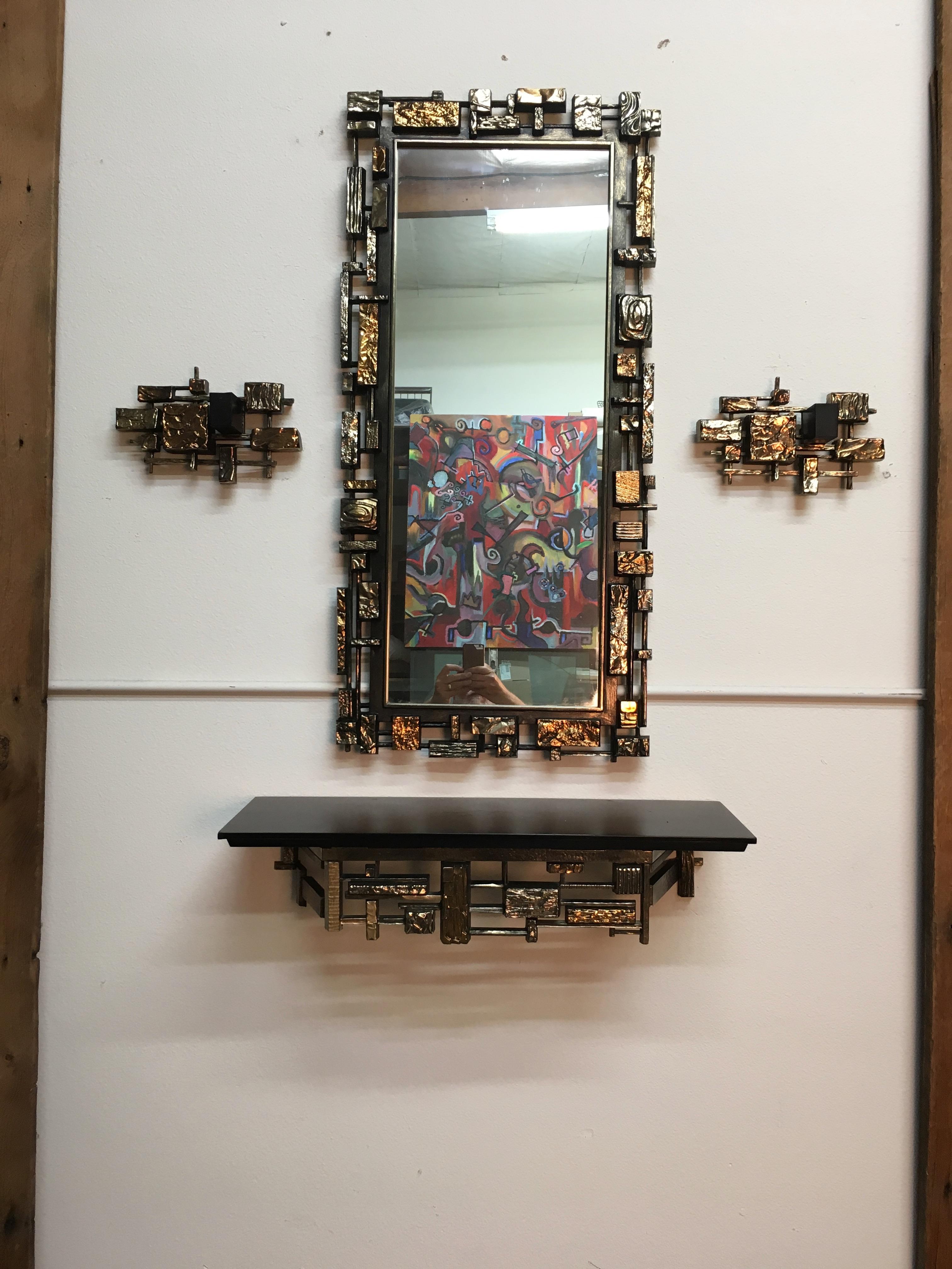 Brutal Mirror, Console and Sconces by Syroco In Good Condition In Denton, TX