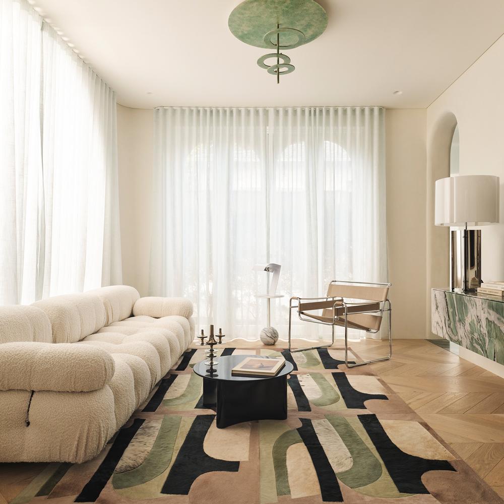Alfombra Brutalista, Moderna Geométrica Personalizable Verde, Azul Marino, Topo XXLarge Cuero de vaca en venta